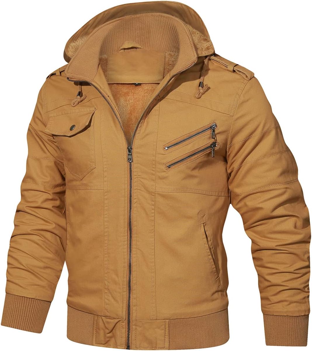 Detalle 2 de Hood Crew Herren-Winterjacke mit Kapuze, dickem Fleecefutter und Cargo-Taschen