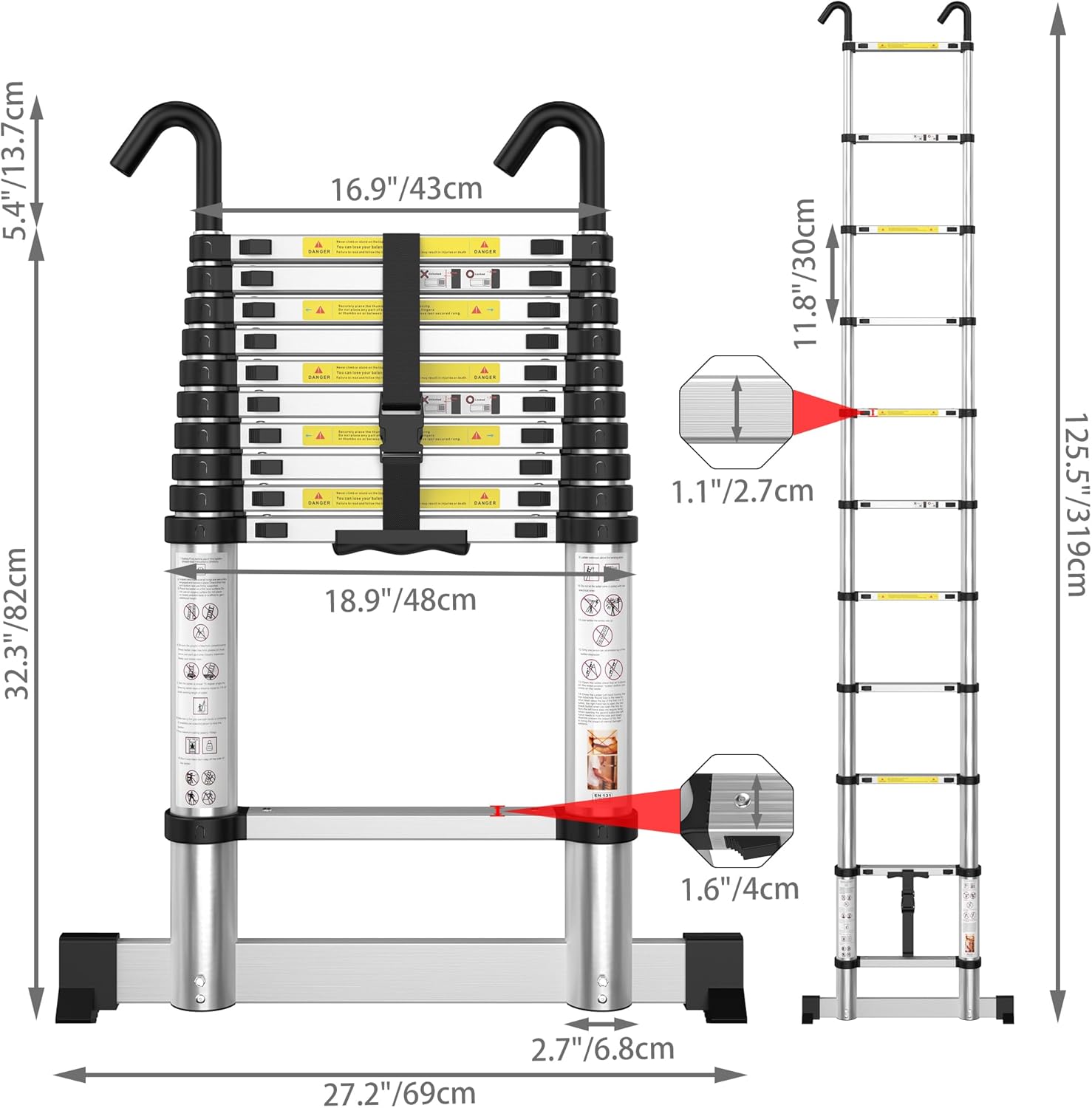 Thumbnail 3 de Gymount Scala Telescopica 3,19 m in Alluminio con Barra Stabilizzatrice e Ganci Staccabili