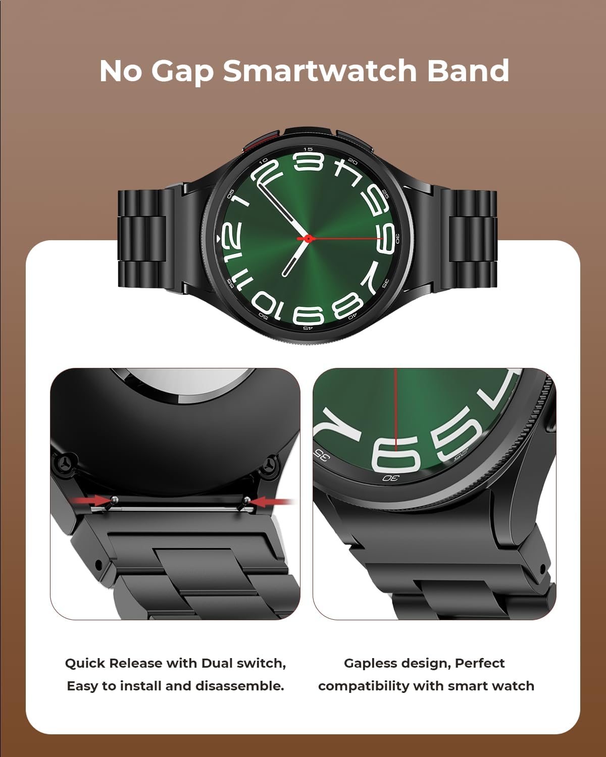 Detalle de SUNDAREE Stainless Steel Strap for Samsung Galaxy Watch Series (47mm/46mm/43mm/42mm) – No Gap Black, 304L Steel