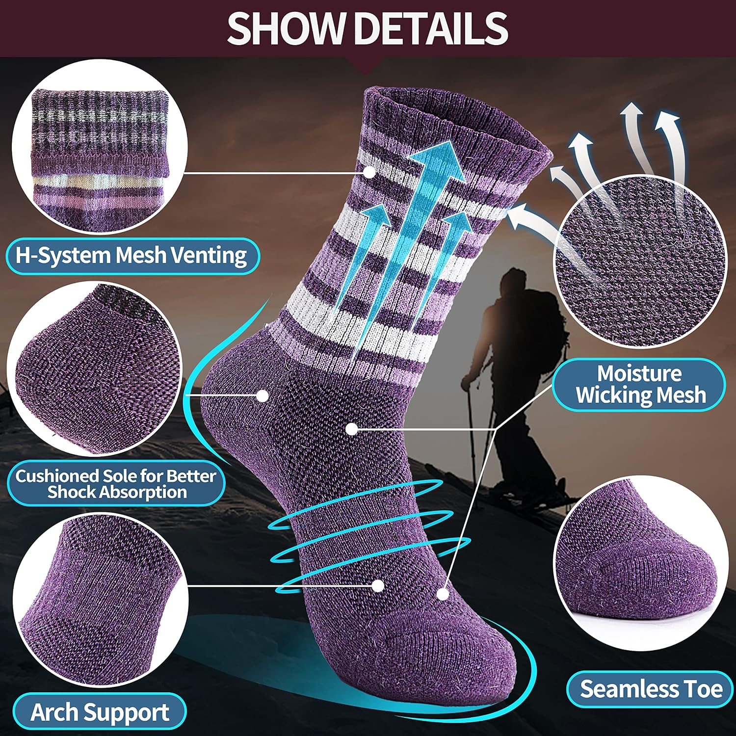 Detalle de Anlisim Merino Wool Crew Socks for Women, Hiking, Running, 5 Pairs