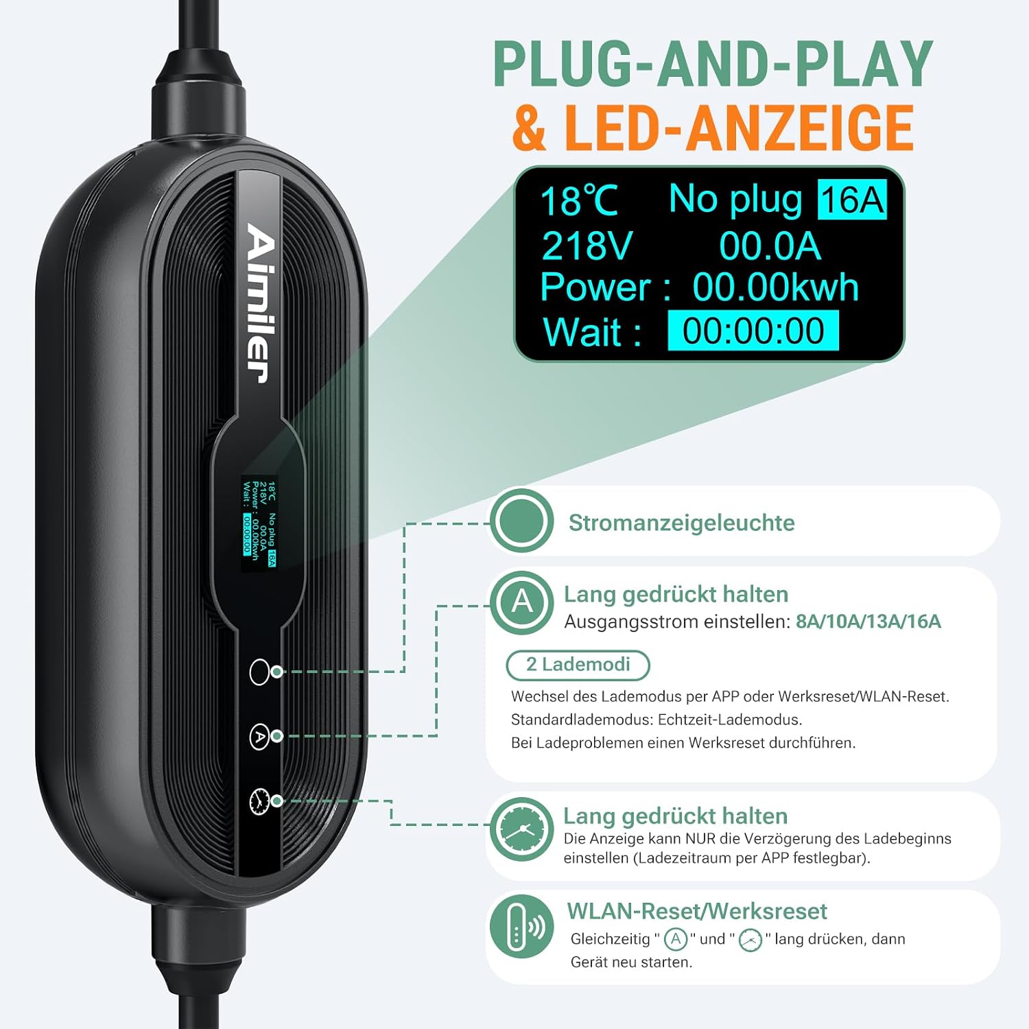 Detalle de AIMILER Wallbox 11kW mit App 7,6m Kabel