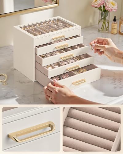 Detalle 2 de SONGMICS Grande Boîte à Bijoux avec 5 Tiroirs et Couvercle en Verre