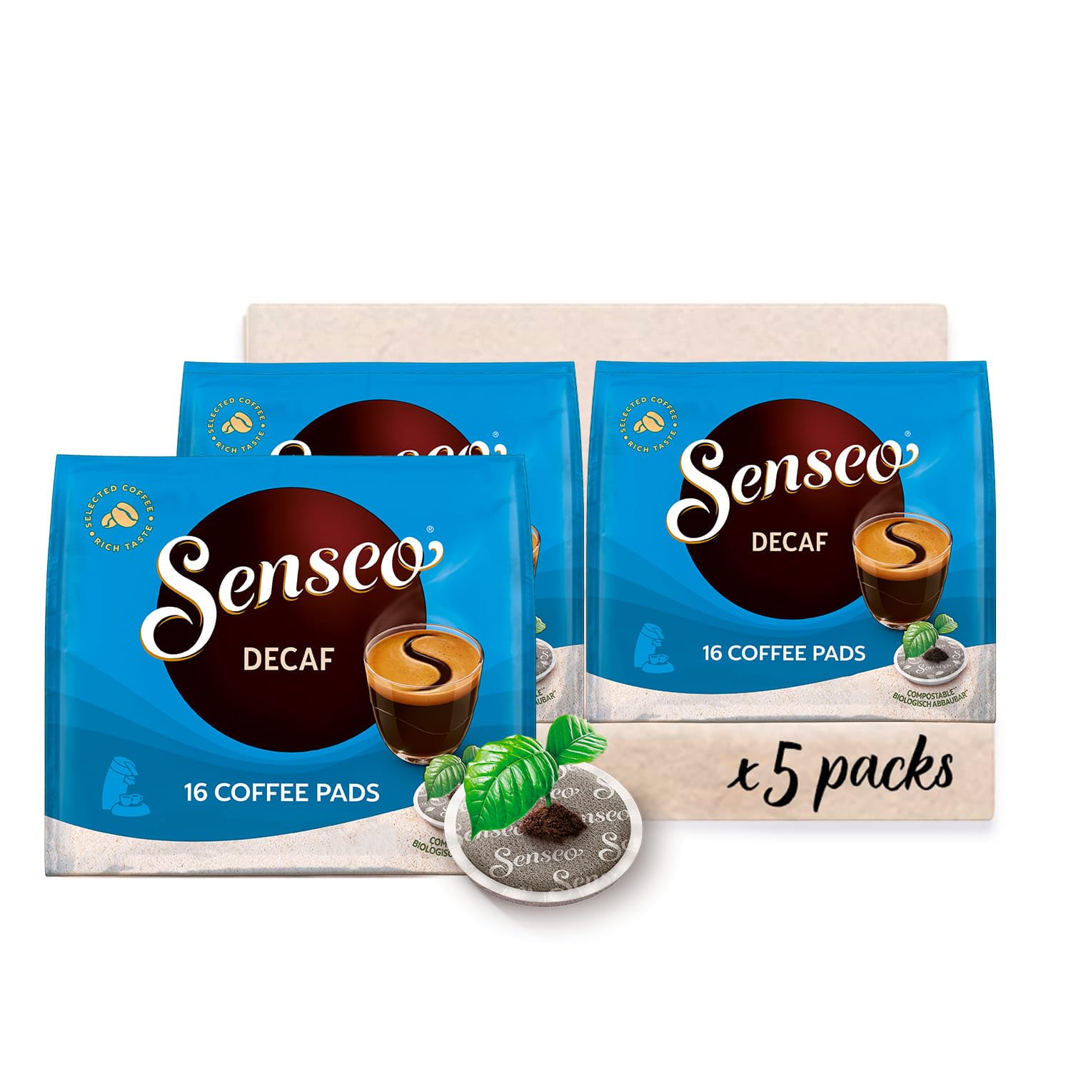 Detalle de Senseo Pads Decaf Enkoffeiniert – 80 koffeinfreie Pads, 5 x 16 Stück