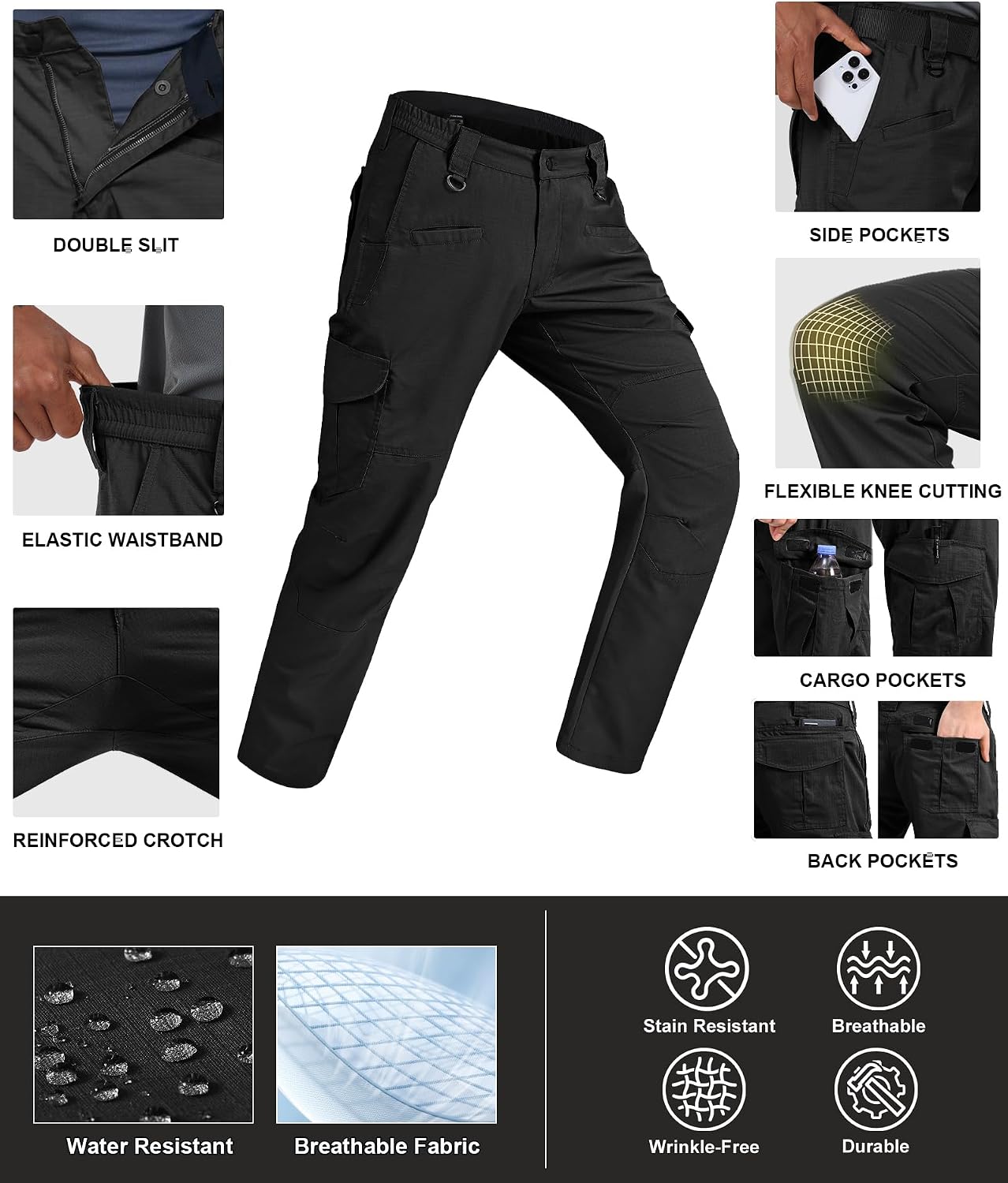 Detalle 2 de Zoofly Men’s Cargo Pants Ripstop Water Resistant Hiking/Work Pants (Not Belt) — Multi-Pocket Tactical Style
