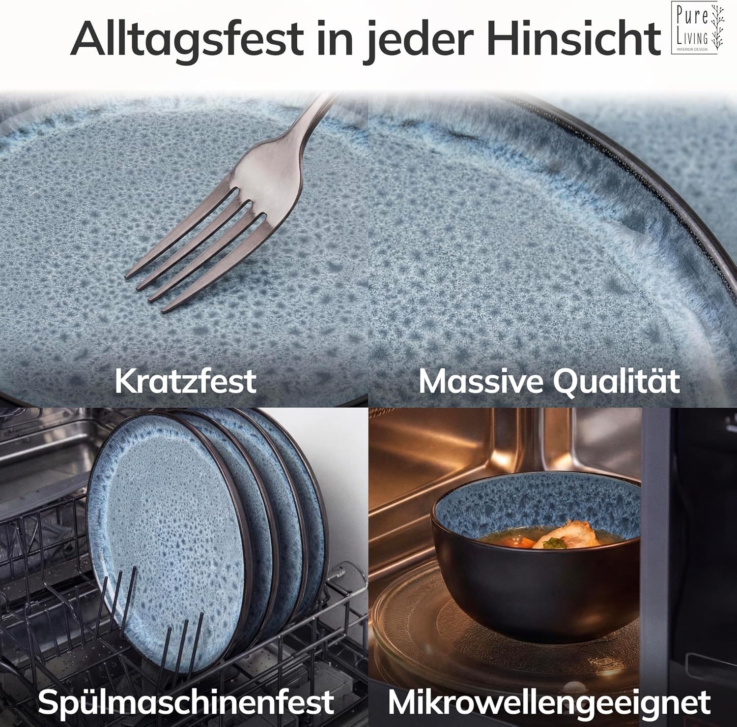 Detalle 2 de Steingut Geschirrset 6 Personen Ibiza 24-tlg. TESTSIEGER – Pure Living, Graublau
