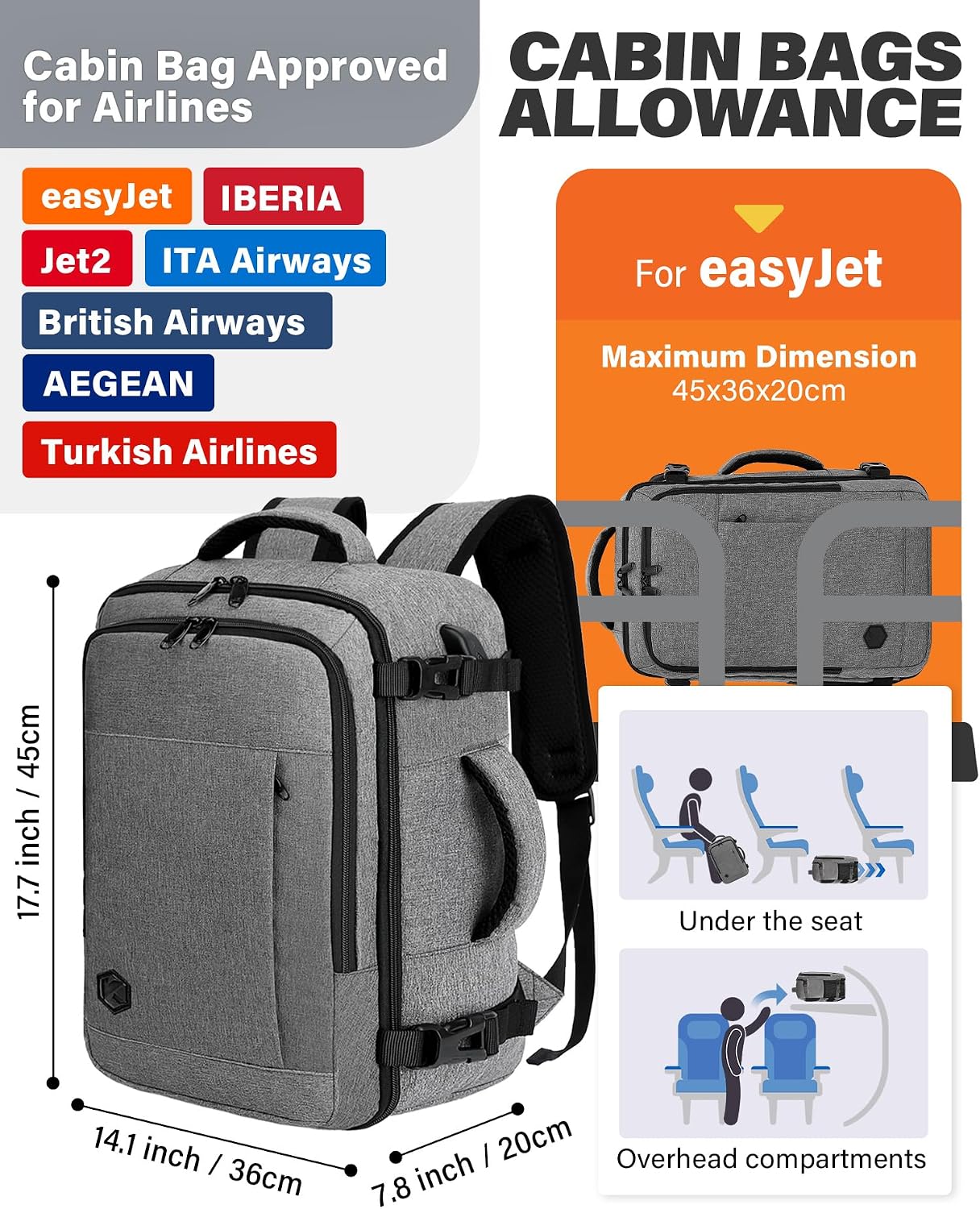 Detalle de VANKEV Easyjet Cabin Bag 45x36x20 30L