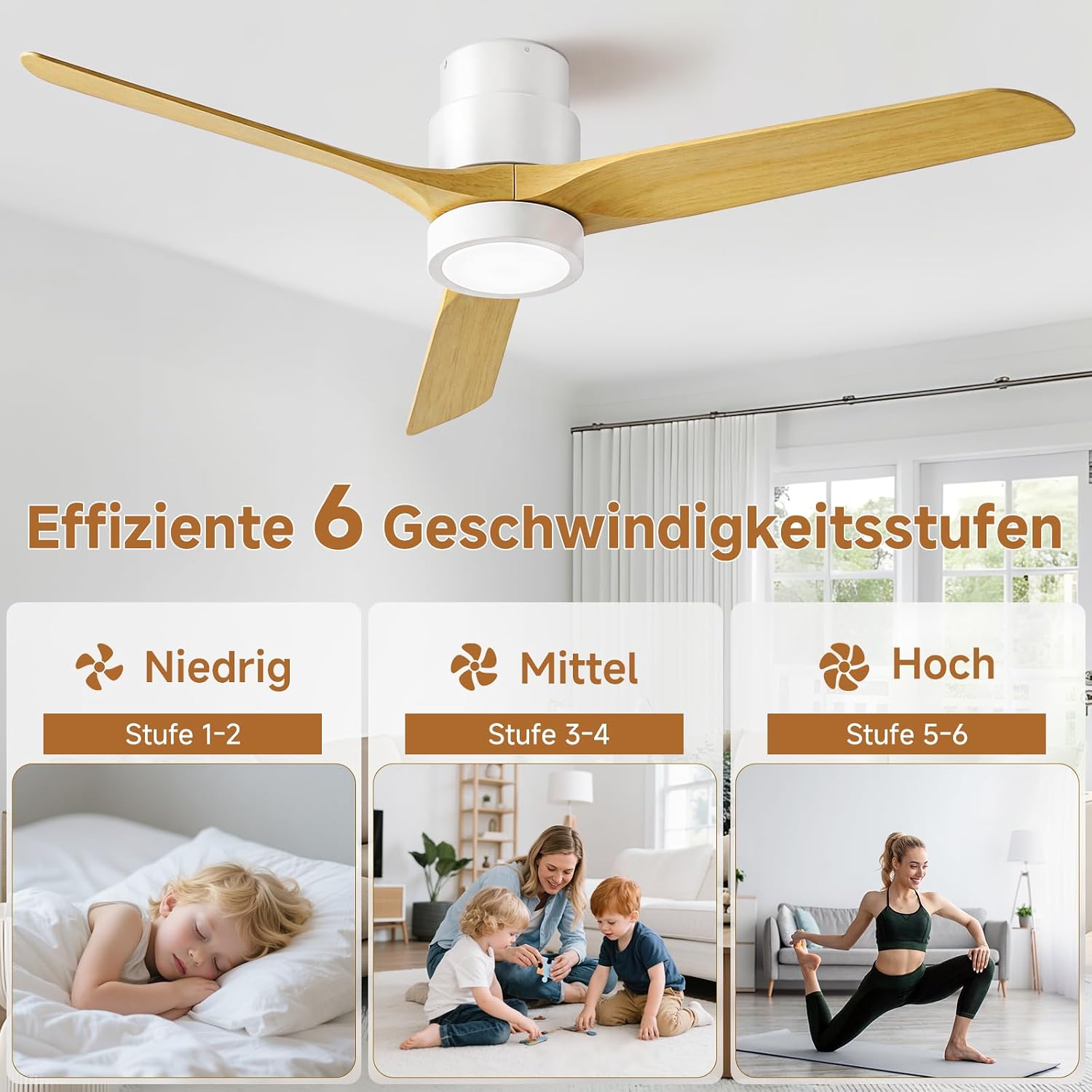 Detalle 2 de Ateroll 132 cm Deckenventilator mit Beleuchtung – leiser DC-Motor, 6 Geschwindigkeiten, Timer 1/4/8h, Dimmbare LED