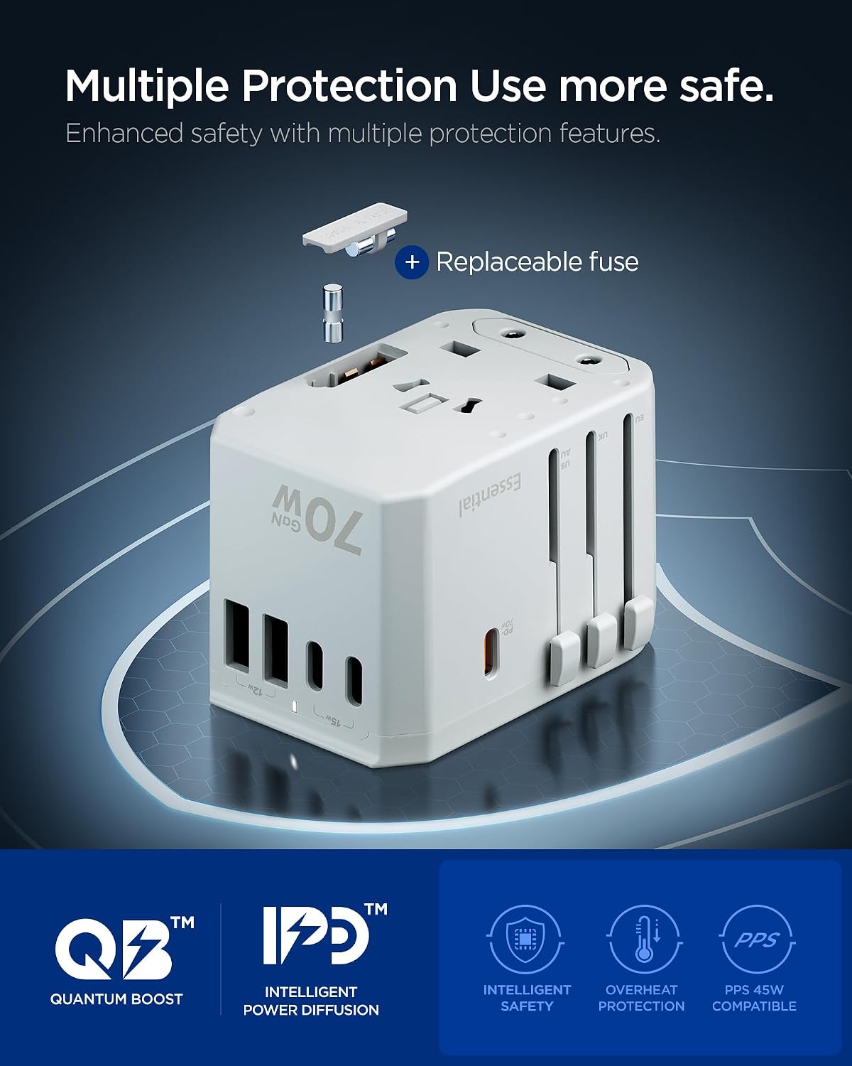 Detalle de Spigen ArcStation Weltweit Reiseadapter (GaN) 70 W – 5-Port Universaladapter mit 3× USB‑C, 2× USB‑A und AC-Steckdose