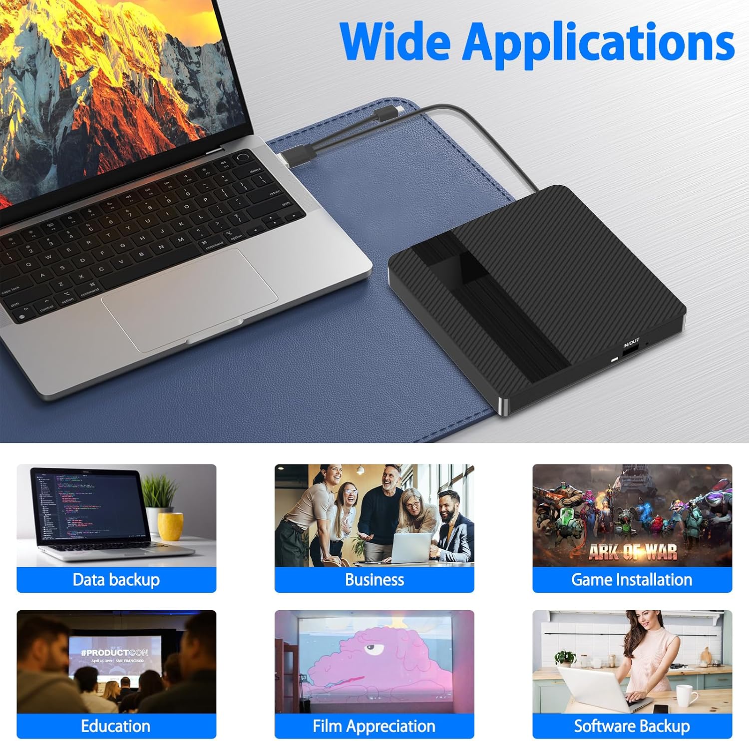 Detalle de BNEHHOV External CD/DVD Drive with USB 3.0 Type-C: Portable, Plug-and-Play, cross‑platform optical reader/writer