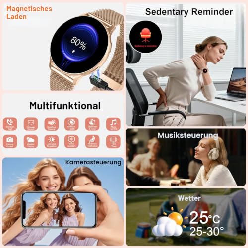 Detalle de Jugeman Smartwatch Damen Rund 1,32" AMOLED mit Telefonfunktion