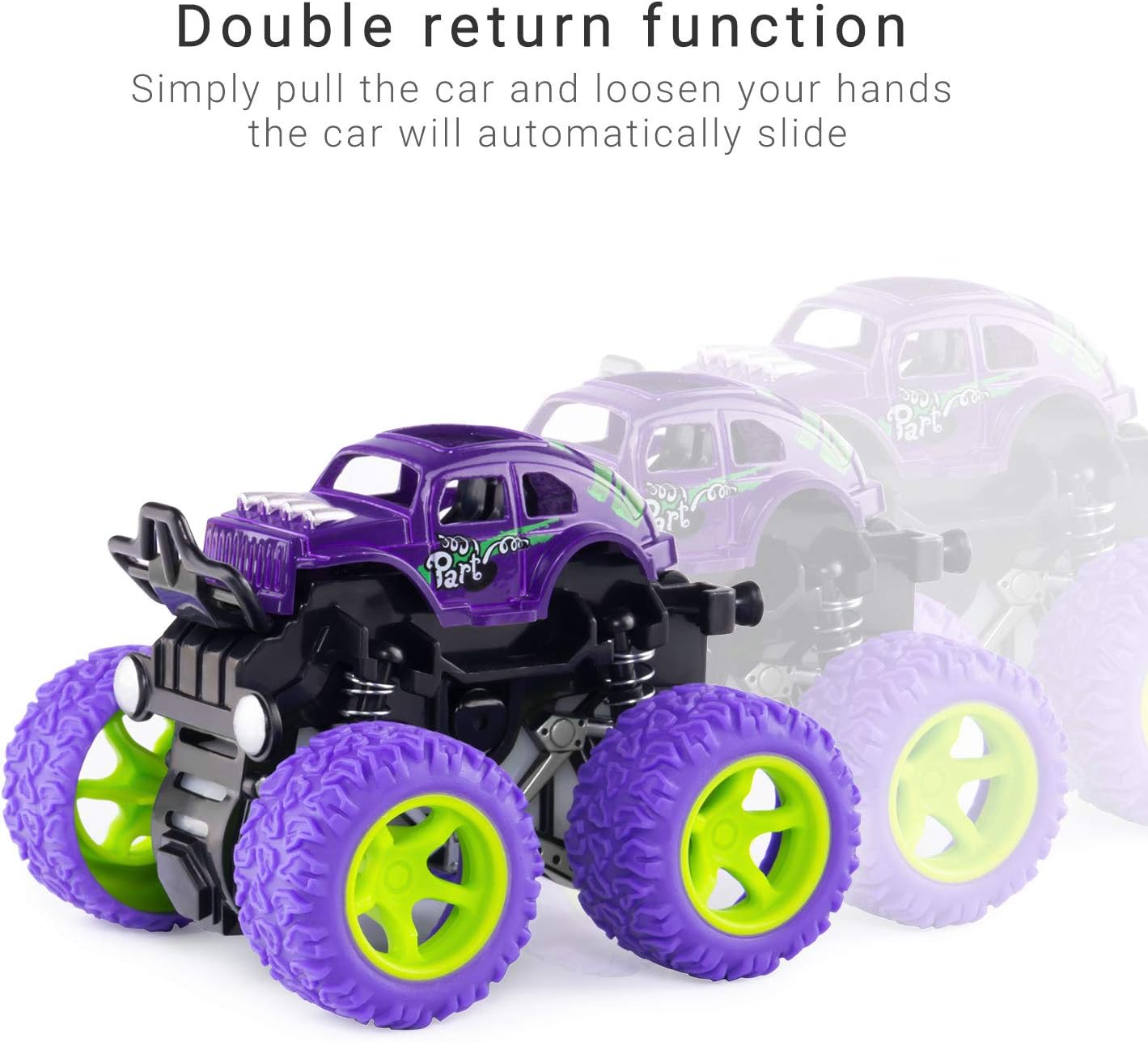Detalle de ANAOER 4 Pack Monster Trucks: Friction-Powered Pull-Back Toys for Toddlers and Kids