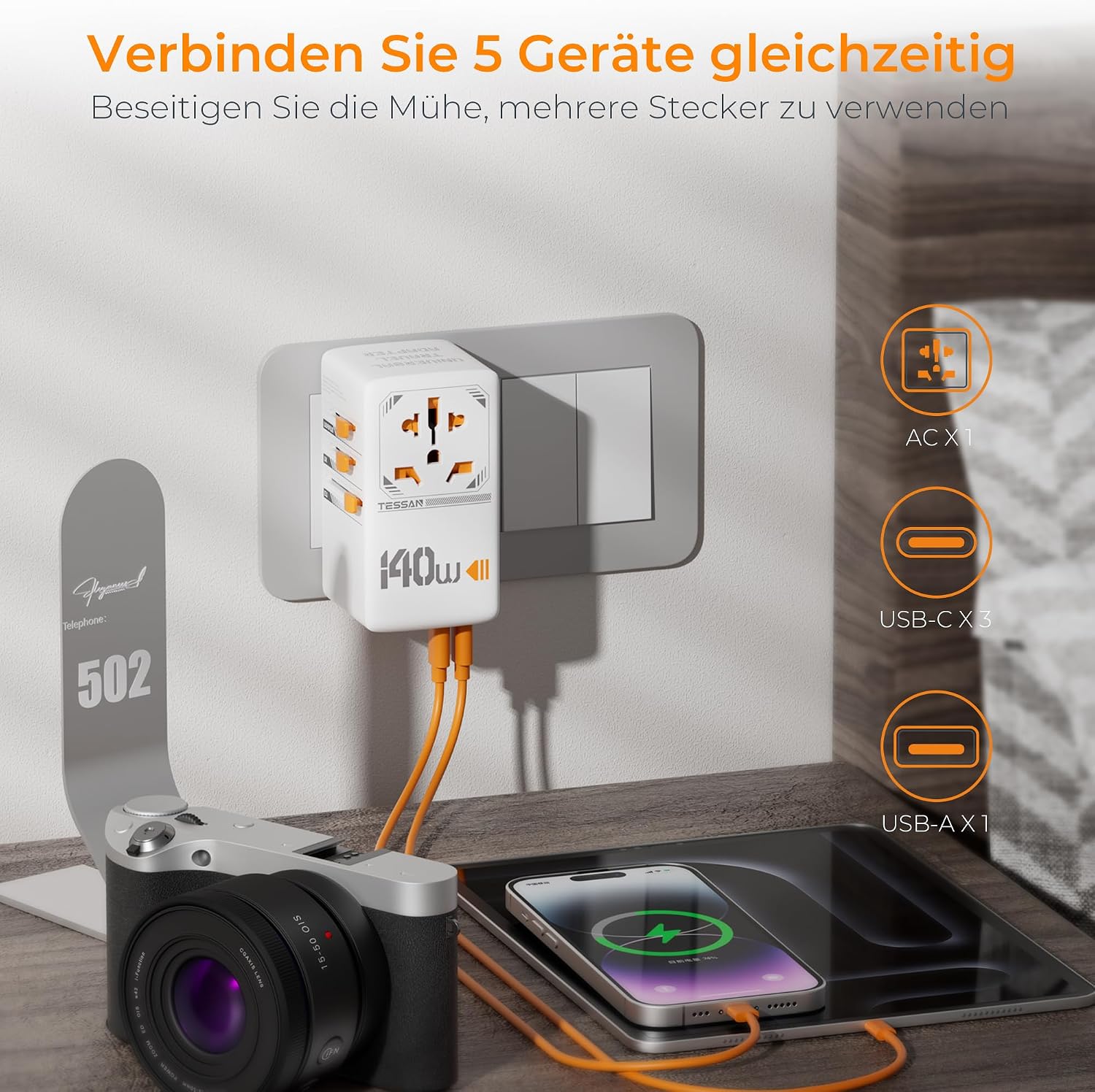 Detalle de TESSAN 140W GaN Reiseadapter weltweit – 3× USB‑C (140W) + 1× USB‑A (18W) und Universalsteckdose