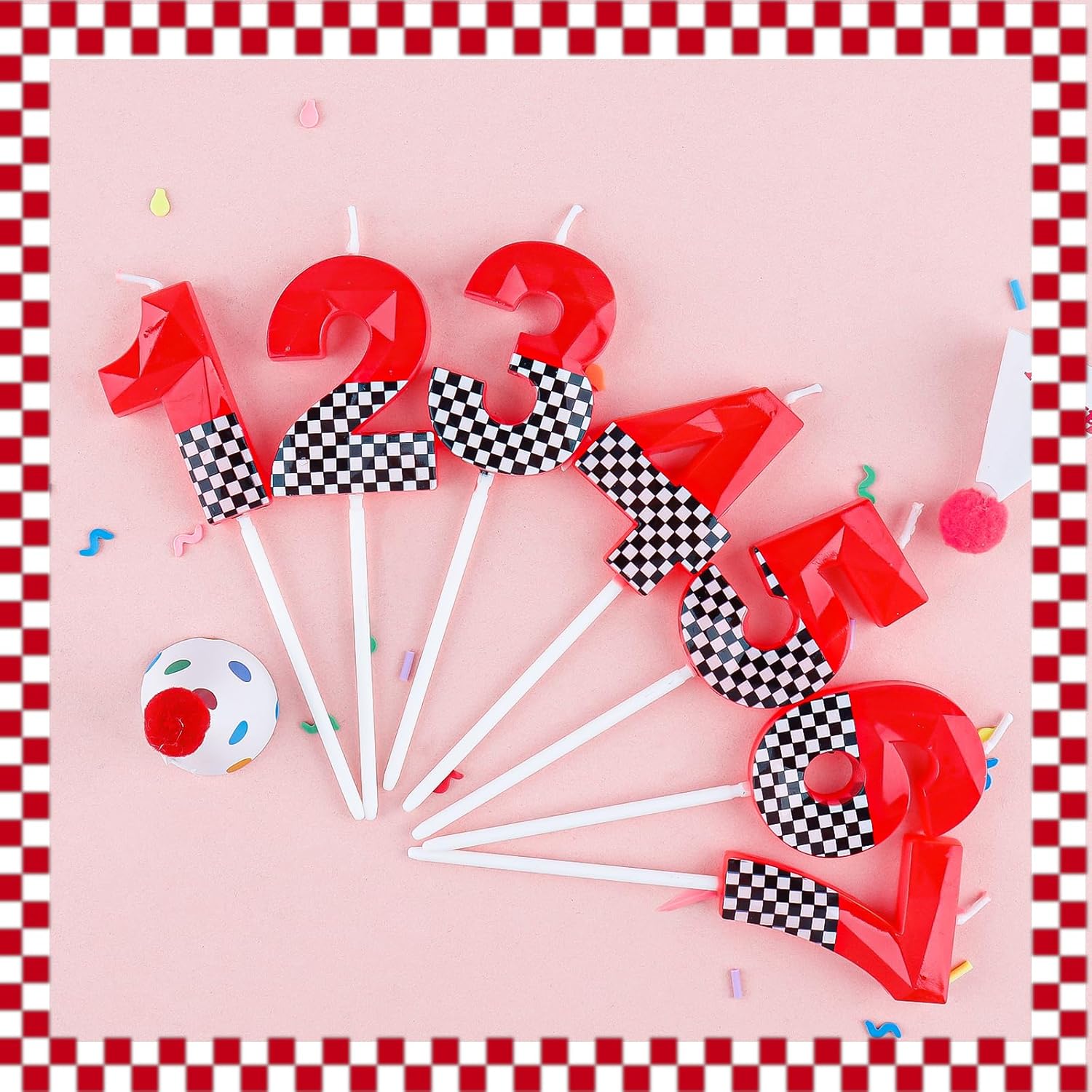 Thumbnail 3 de Hongplus 3D Racing Cars themed birthday candles (includes number 2 candle) – black, white checkered & red cake topper