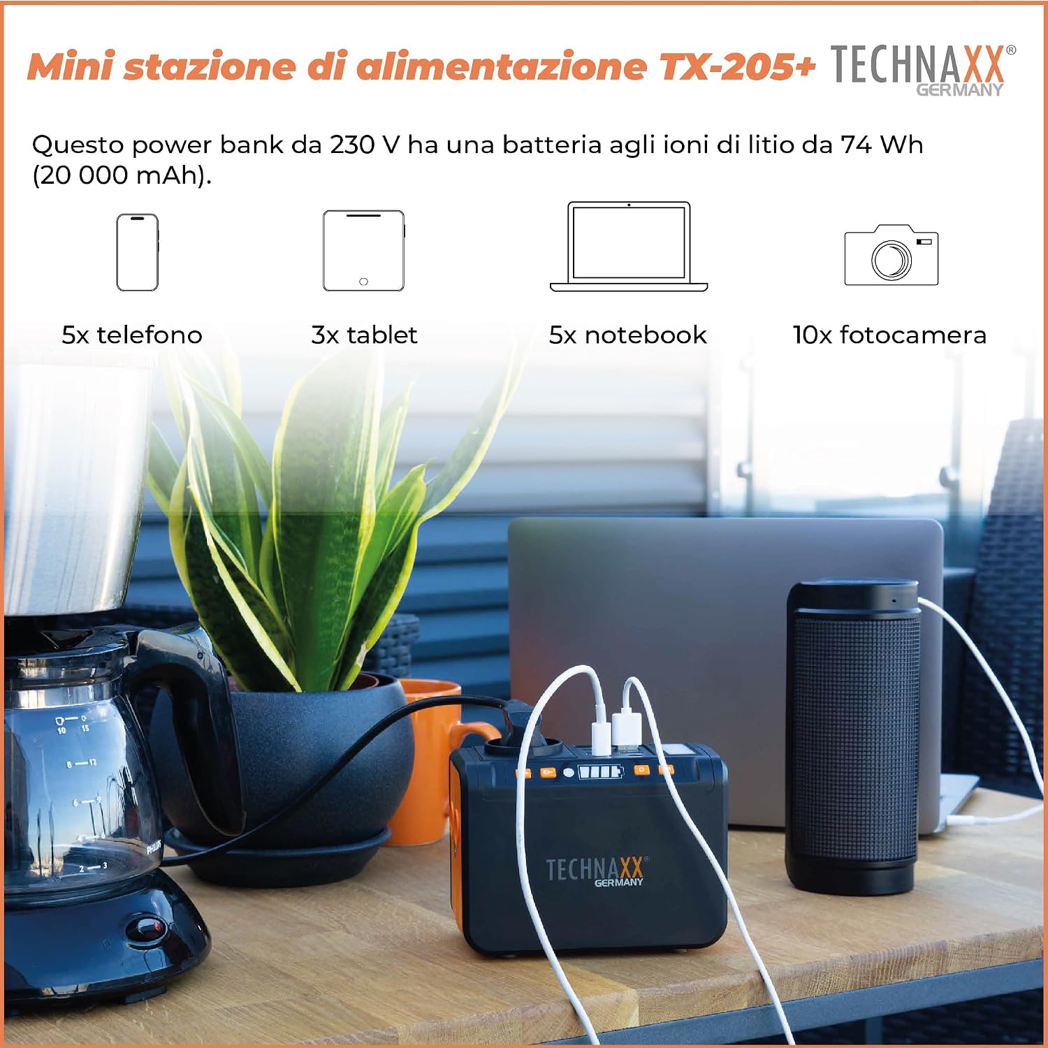 Detalle de Technaxx Mini Power Station TX-205+ 74Wh 80W: power bank portatile con uscita 230V, USB-C PD e ricarica solare