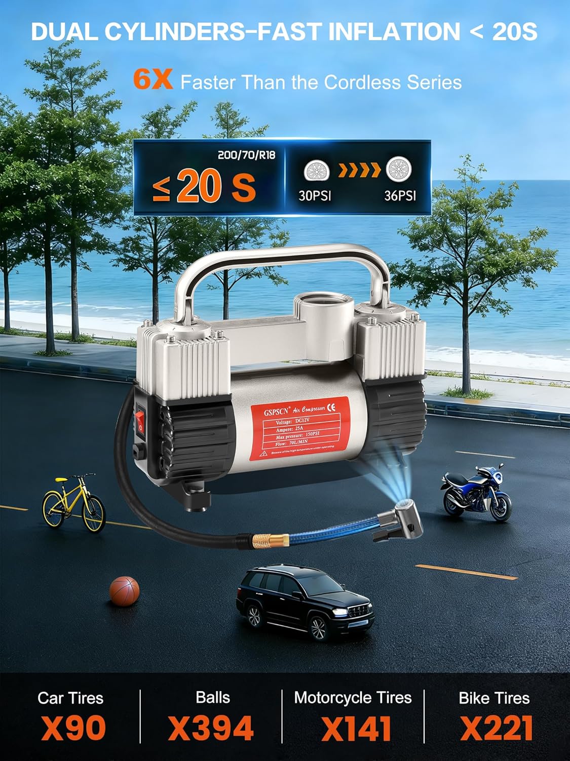 Detalle de GSPSCN 6X Faster Inflation Tire Inflator with Heavy Duty Double Cylinders and Portable Bag
