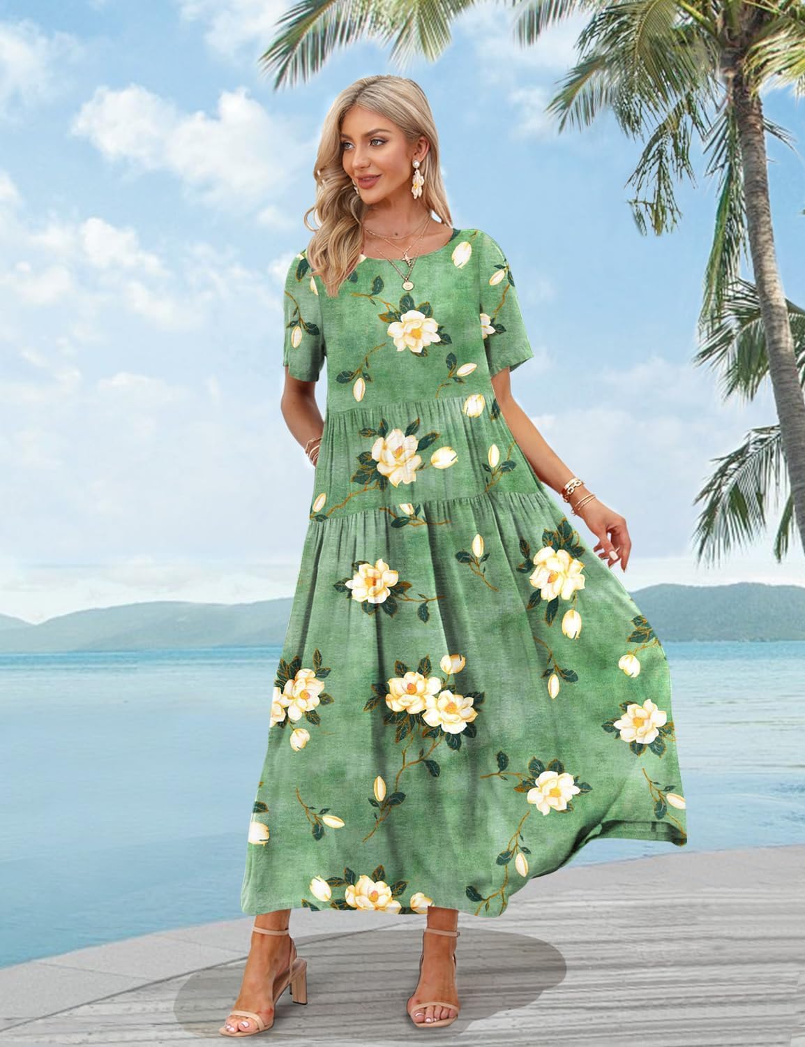 Detalle de YESNO Women Casual Loose Bohemian Floral Dress with Pockets – Maxi Summer Swing