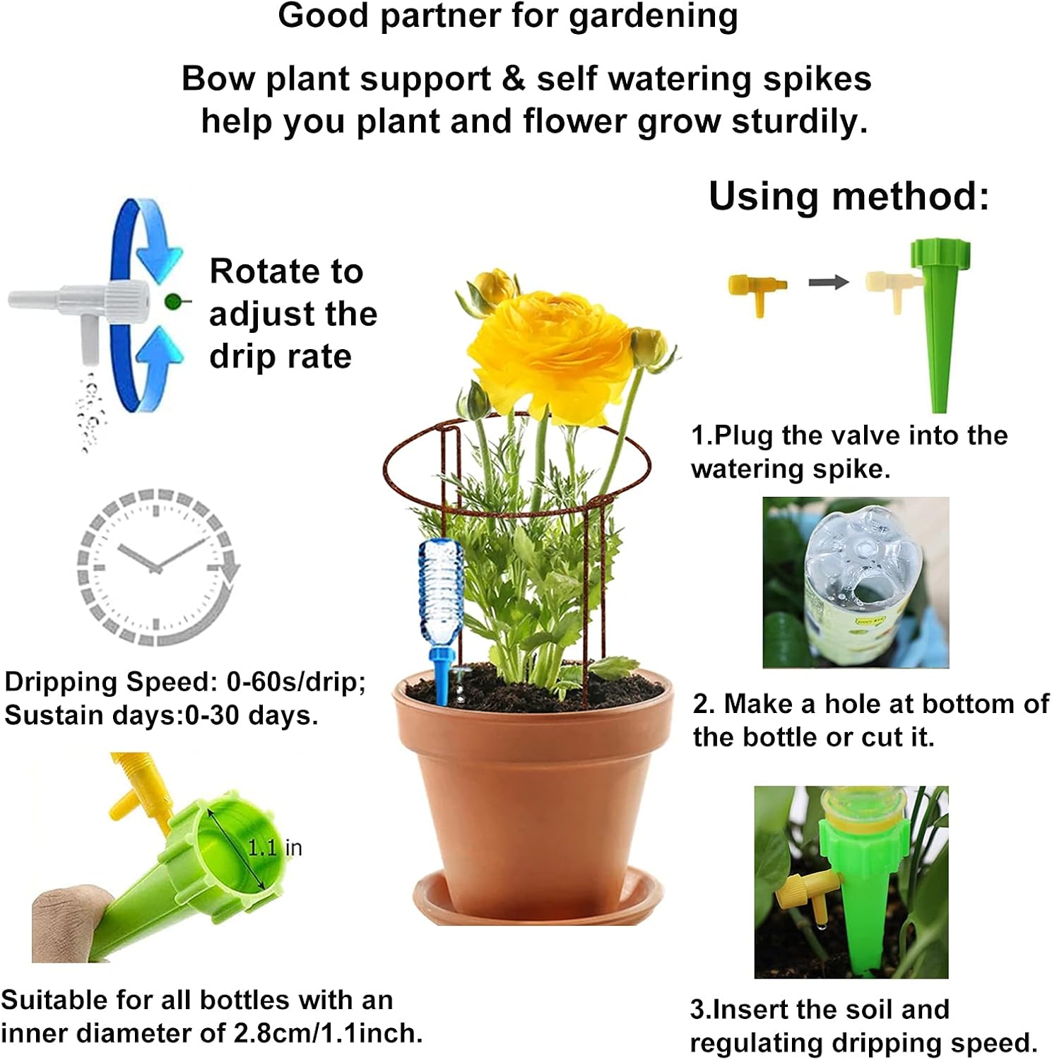 Detalle 2 de KAZITOO 6 Pack 60cm Tall Rusty Bow Plant Supports: Natural Rusted Stakes with Self-Watering Spikes