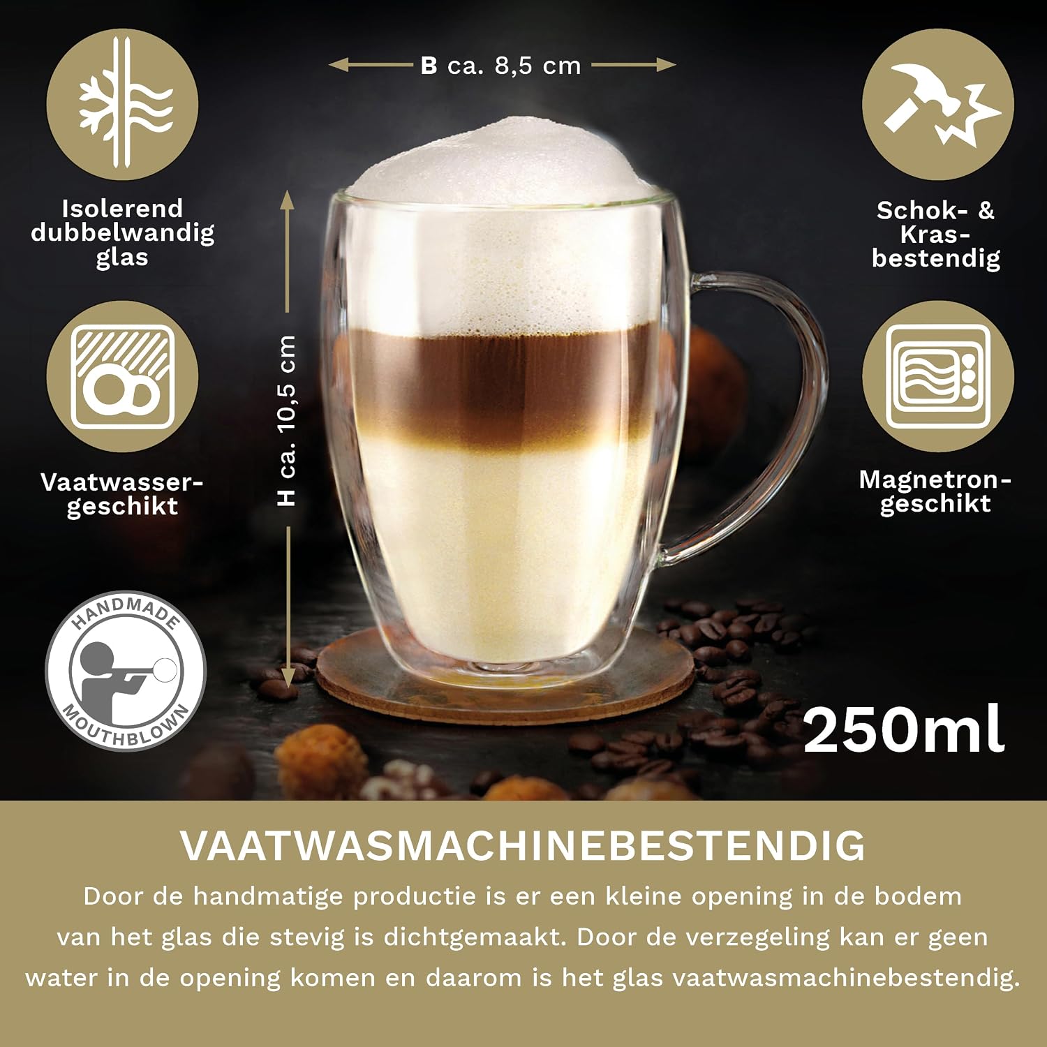 Detalle de Creano 481 dubbelwandige koffieglazen met oor, 250 ml, set van 4