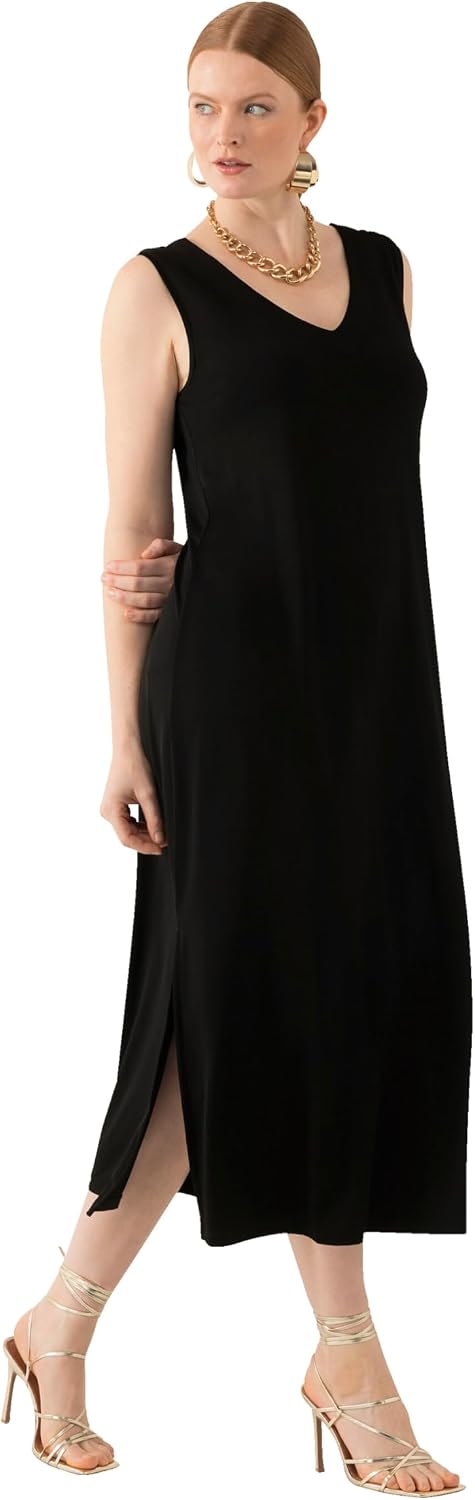 Detalle de Ulla Popken Femme Grandes Tailles Robe midi sans manches en tissu fluide — silhouettes A et décolleté en V (819540)