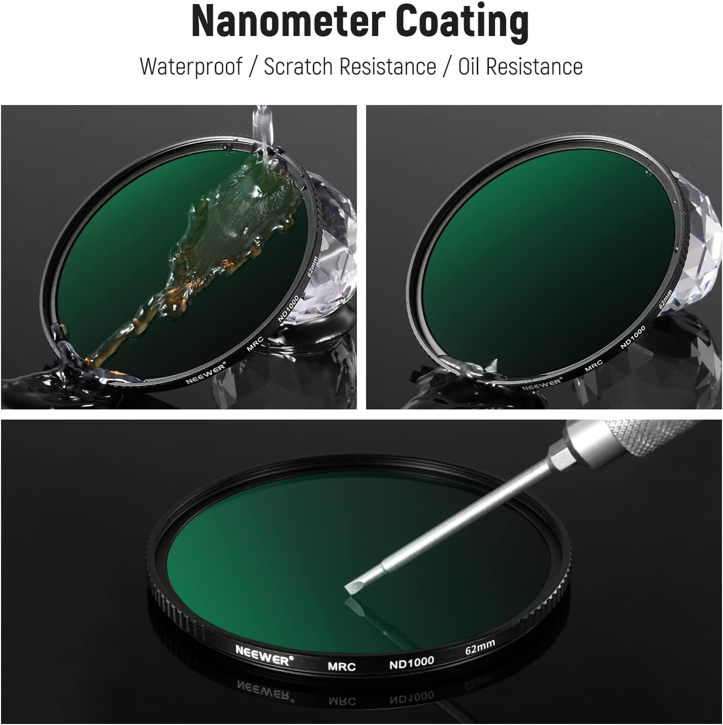 Thumbnail 4 de NEEWER kit de filtres ND 62 mm (ND1000 + ND64 + ND8 + ND4) – filtres densité neutre hydrophobes anti-rayures