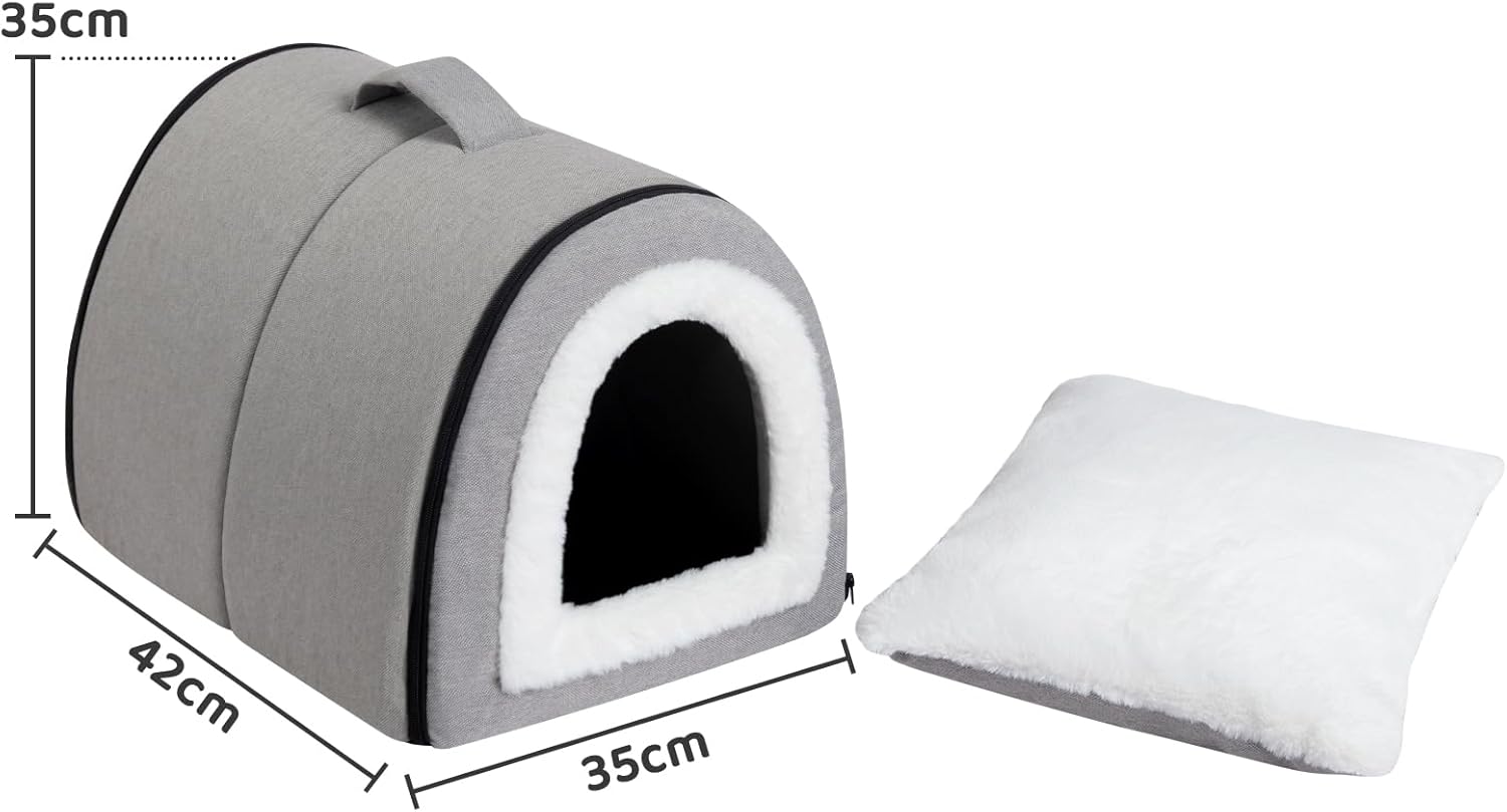Thumbnail 1 de Hollypet Lit 2 en 1 pliable en lin pour chat et petits chiens (gris) – maison fermée ou canapé