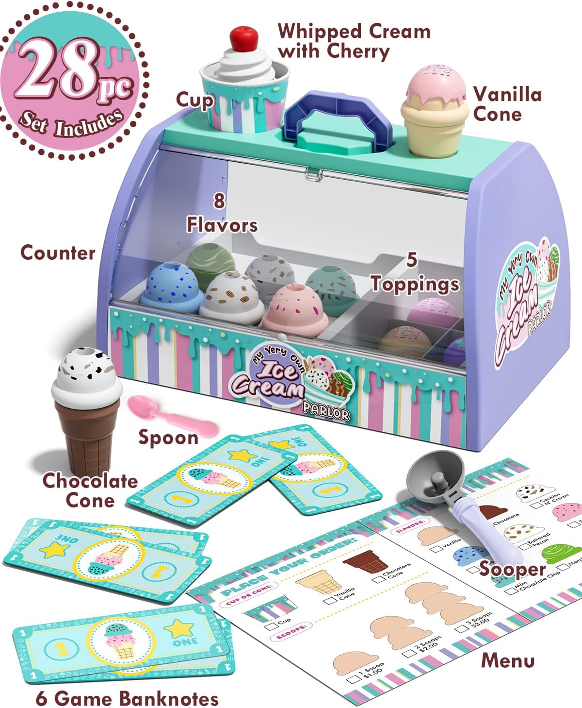 Detalle 2 de Lehoo Castle Ice Cream Toys for Kids – 28-Piece Ice Cream Counter Set (Purple)
