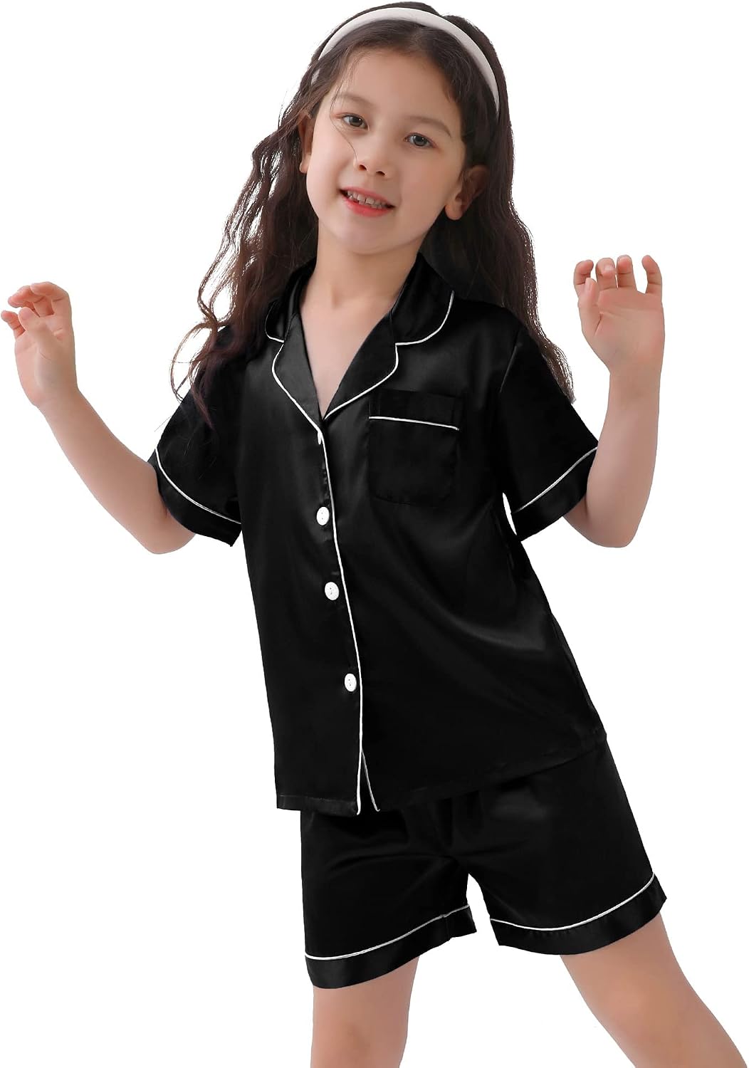 Detalle 2 de SWOMOG Girls Silk Pyjamas Short Sleeve Satin Button-Down 2-Piece Set (Kids)