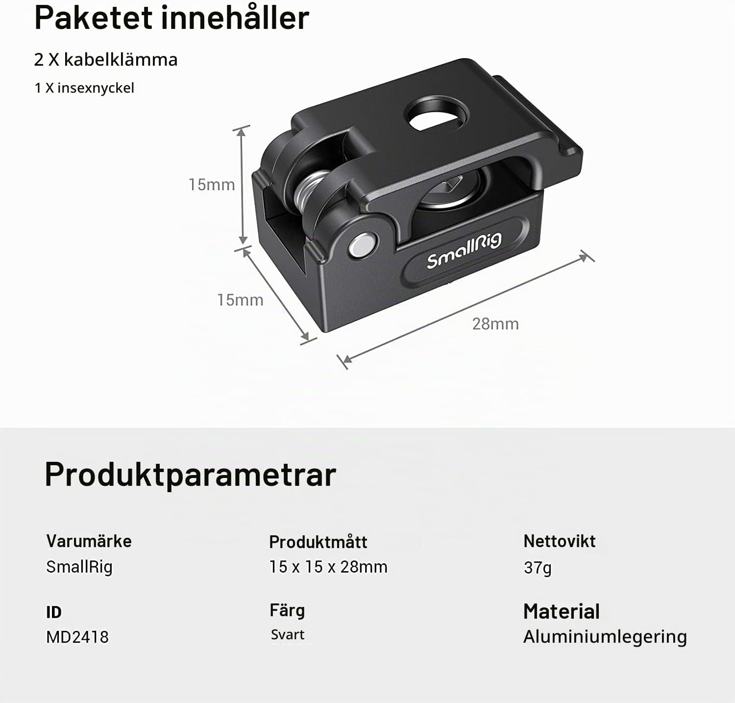 Detalle 1 de SMALLRIG MD2418 kabelklämma för HDMI, fjädermekanism, 2-pack