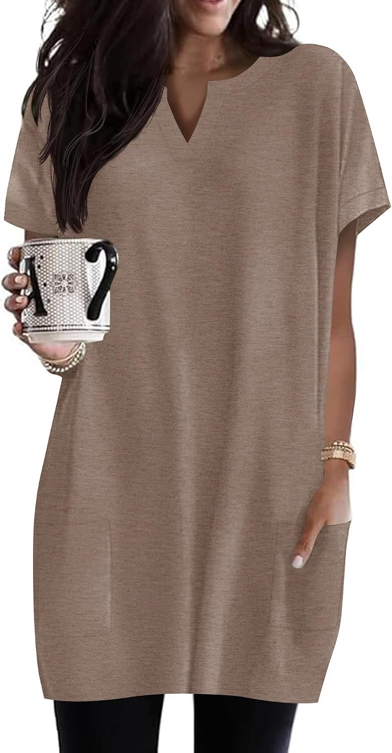 Detalle de Rapbin Tunika Damen Kurzarm Sommer V-Ausschnitt Lockeres Longshirt mit Taschen – Große Größen