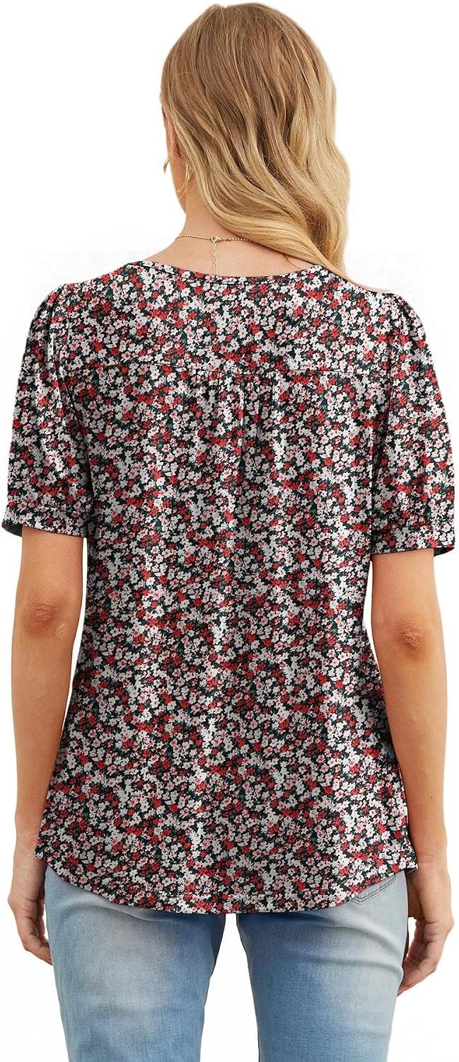 Detalle de GRECERELLE pleated front floral summer tunic T-shirt for women (crew neck, short sleeve)