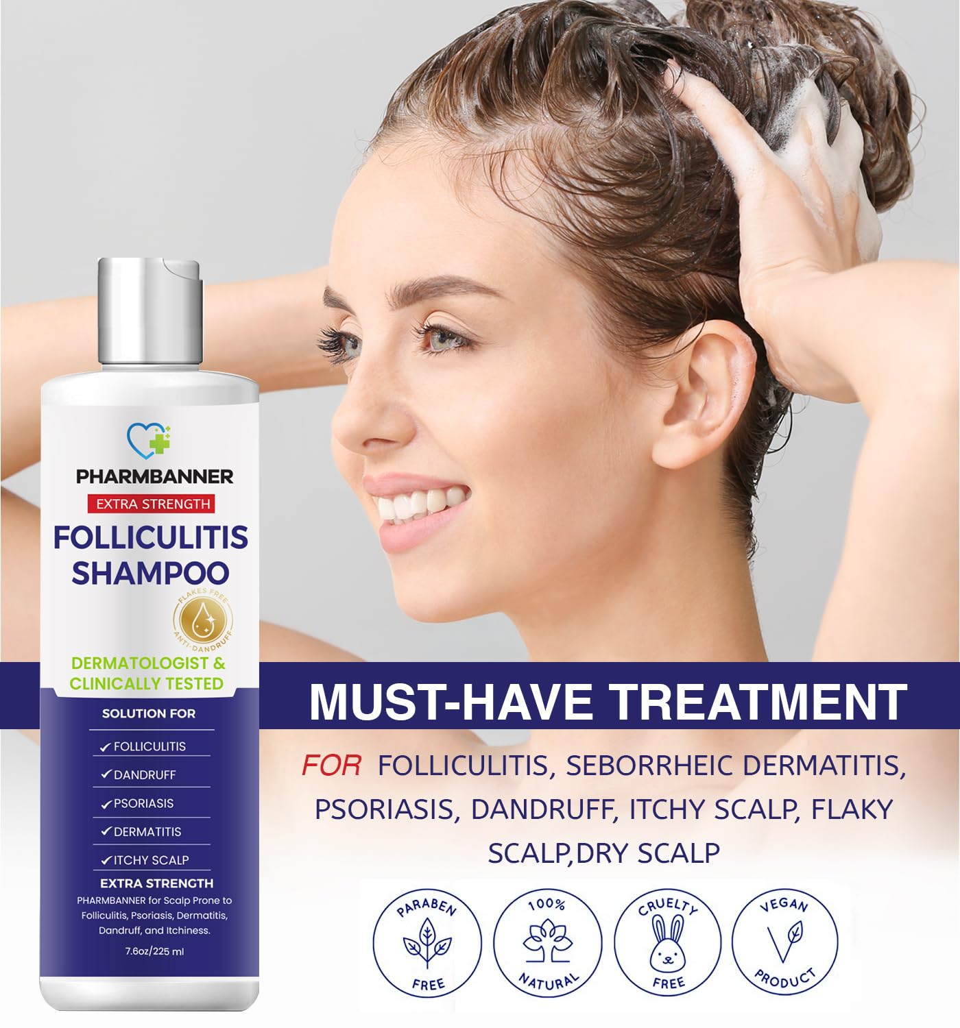 Detalle 2 de PHARMBANNER Shampoo gegen Follikulitis & seborrhoische Dermatitis – beruhigt Kopfhaut, reduziert Schuppen und Reizungen (250 ml)