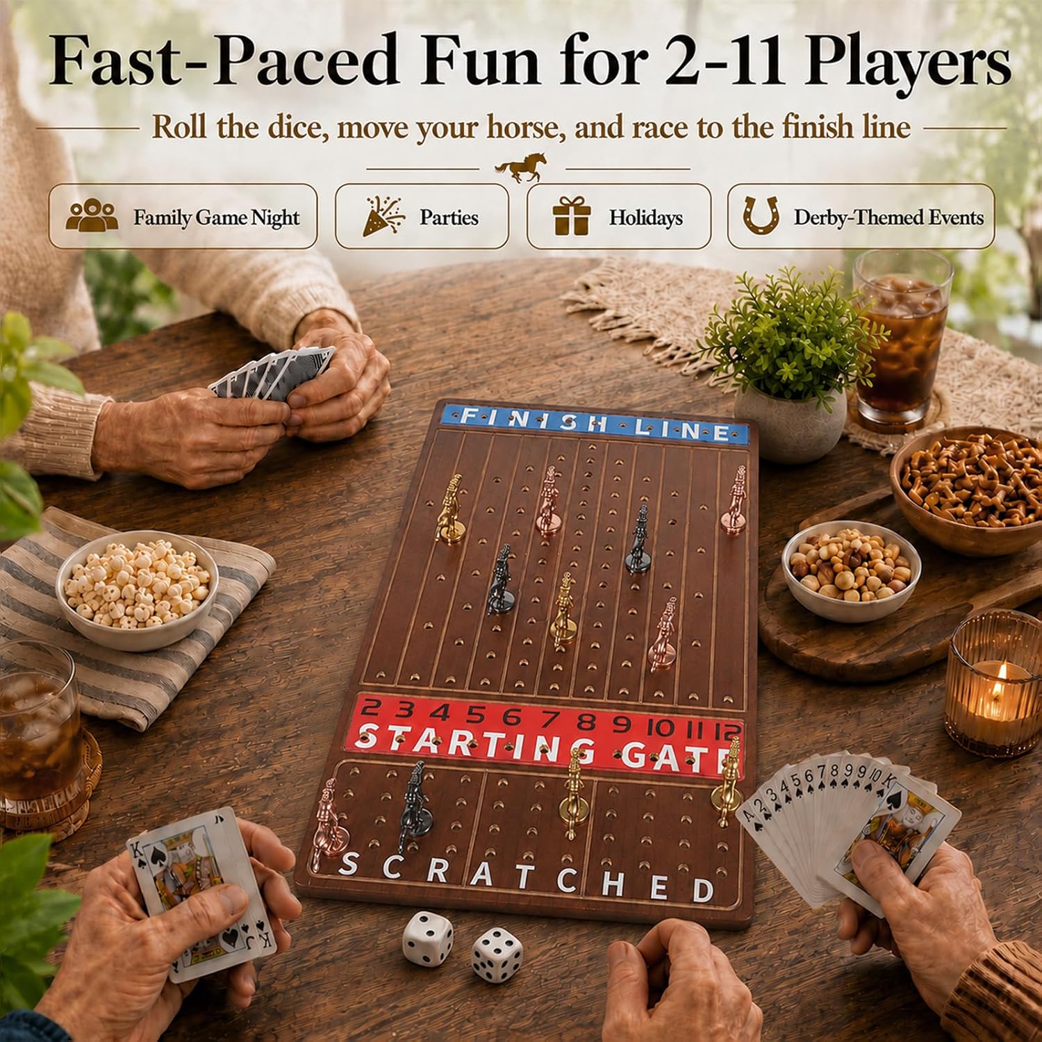 Thumbnail 6 de Jyquorp Metal Horse Race Board Game – Walnut, Thick Solid Wood Racing Set with 11 Metal Horses