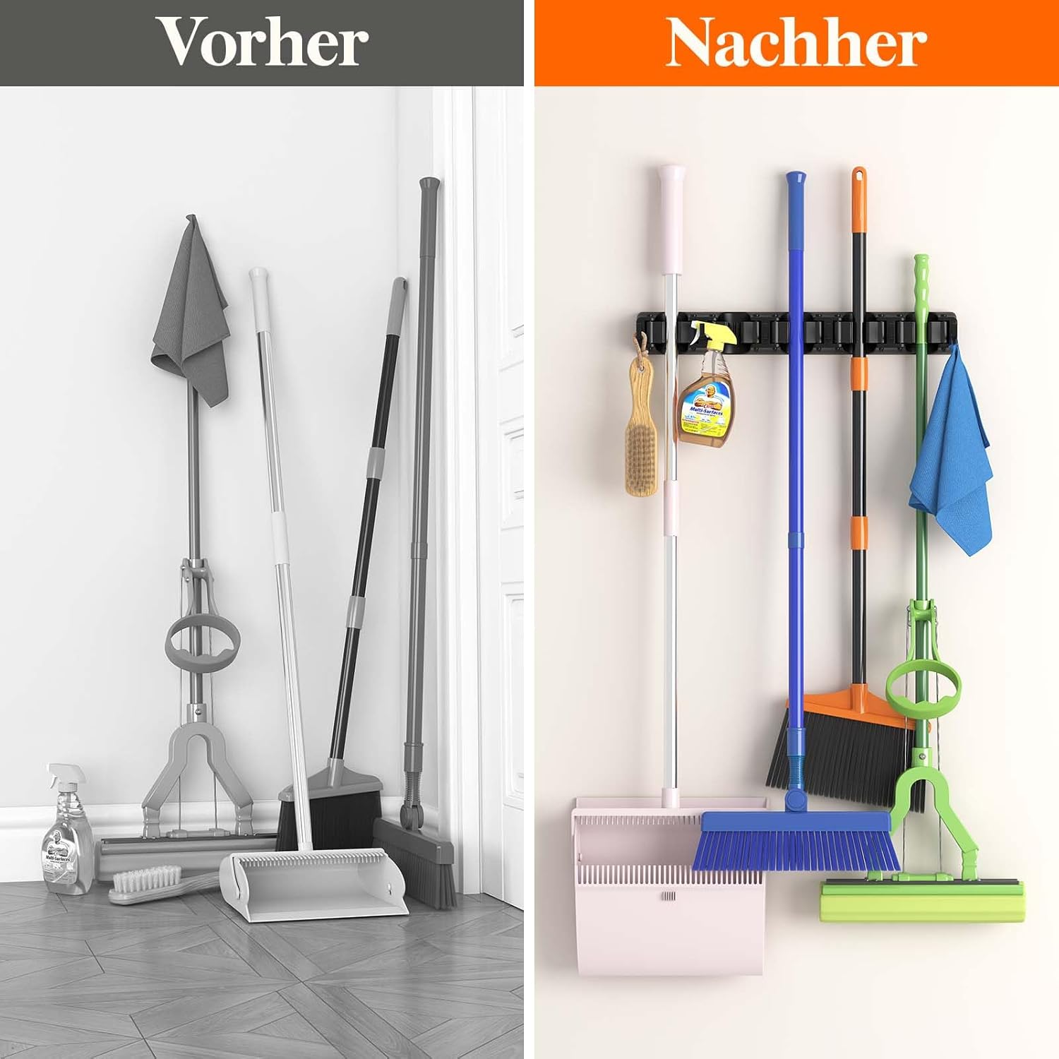 Detalle de Lifewit Besenhalterung Wand (2er-Set) mit Anti-Rutsch-Griff, 10 Schlitze & 6 Haken pro Halter, schwarz