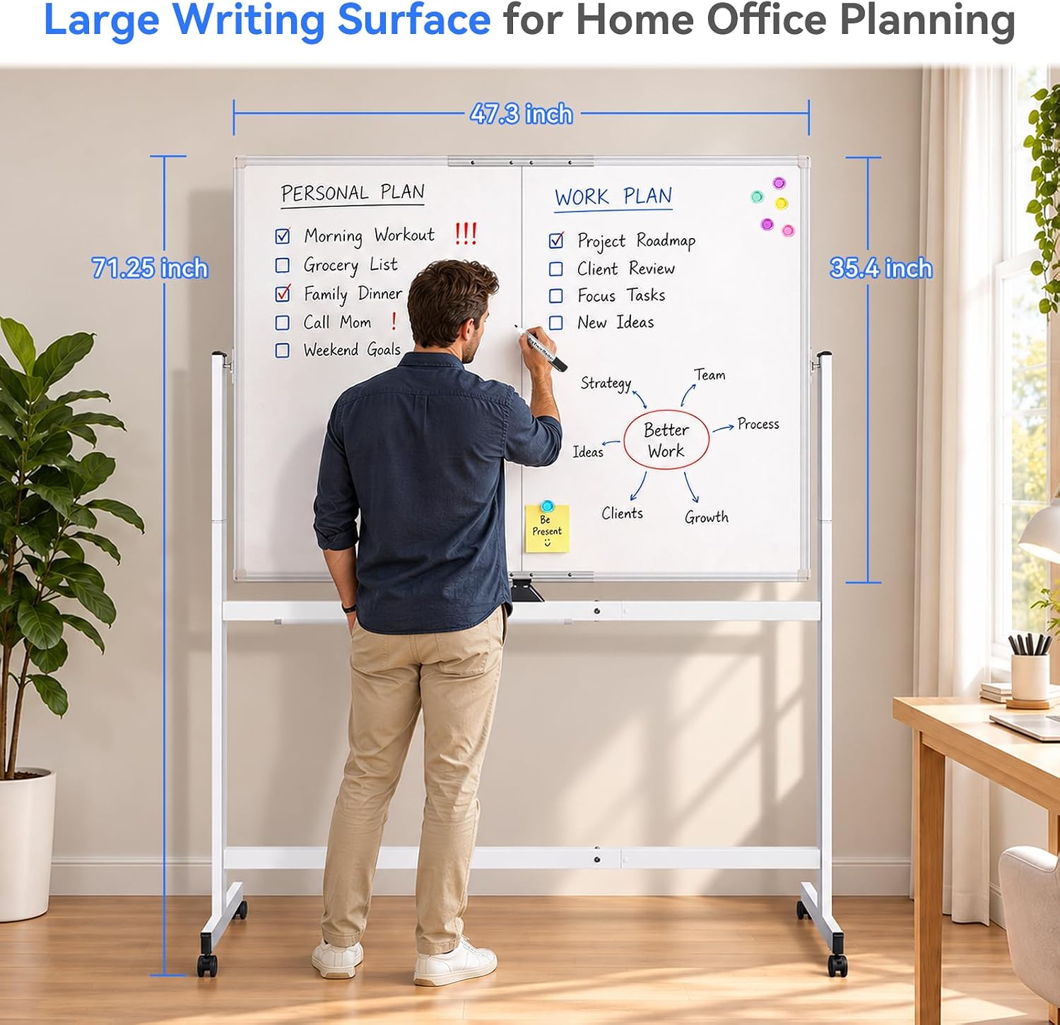 Detalle de maxtek 48 x 36 in Rolling Magnetic Whiteboard, Double-Sided and Wheeled