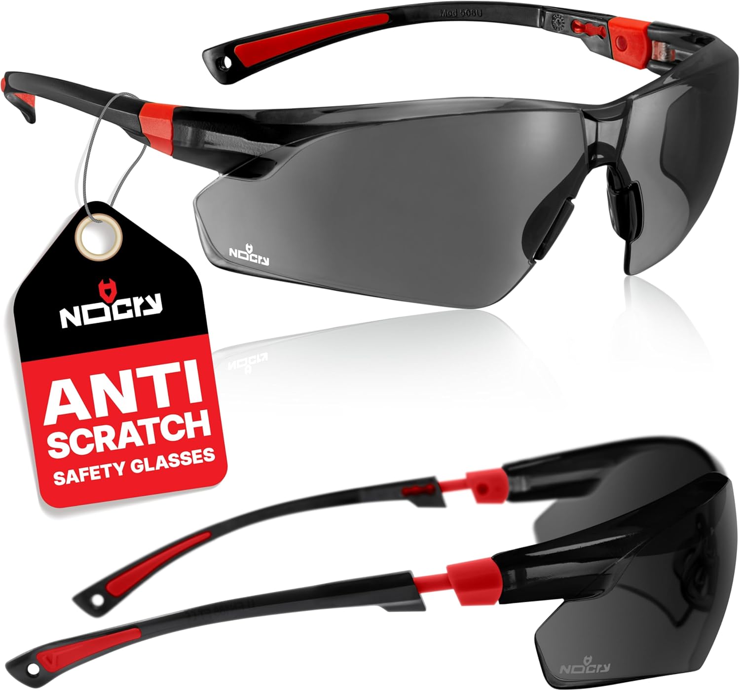 NoCry Safety Sunglasses with Green Tinted Wraparound Lenses (Black & Red) – UV400 PPE eye protection