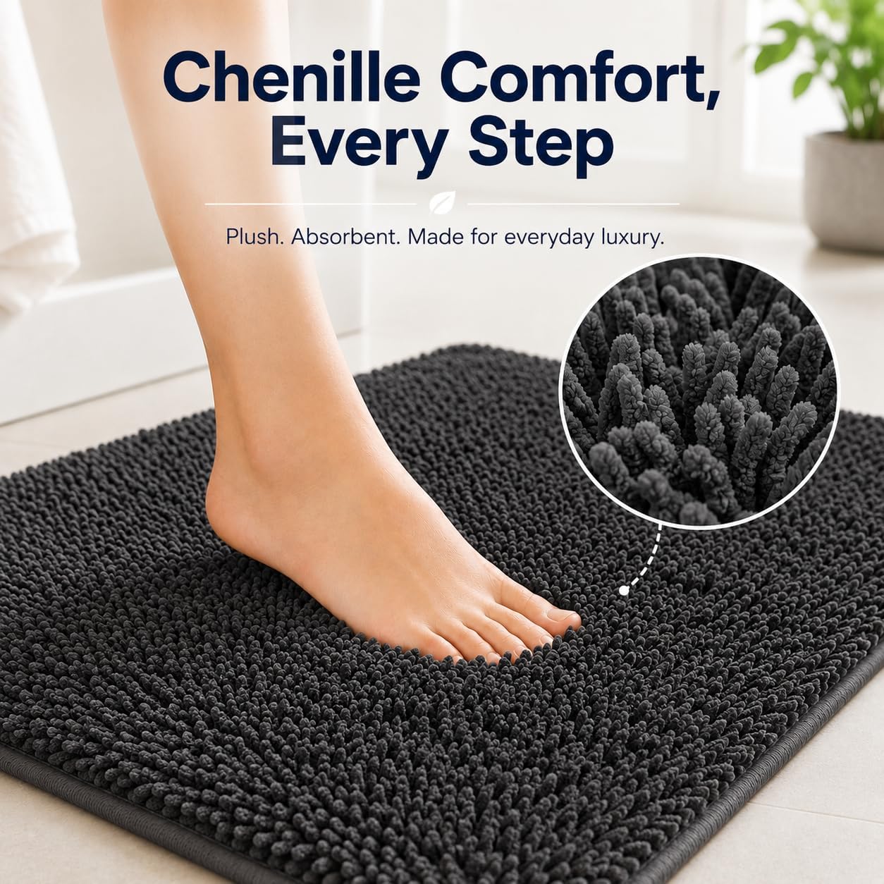 Detalle 2 de 3-Piece Chenille Bathroom Rug Set with Non-Slip PVC Backing (Small U-Shape + Large Mats)