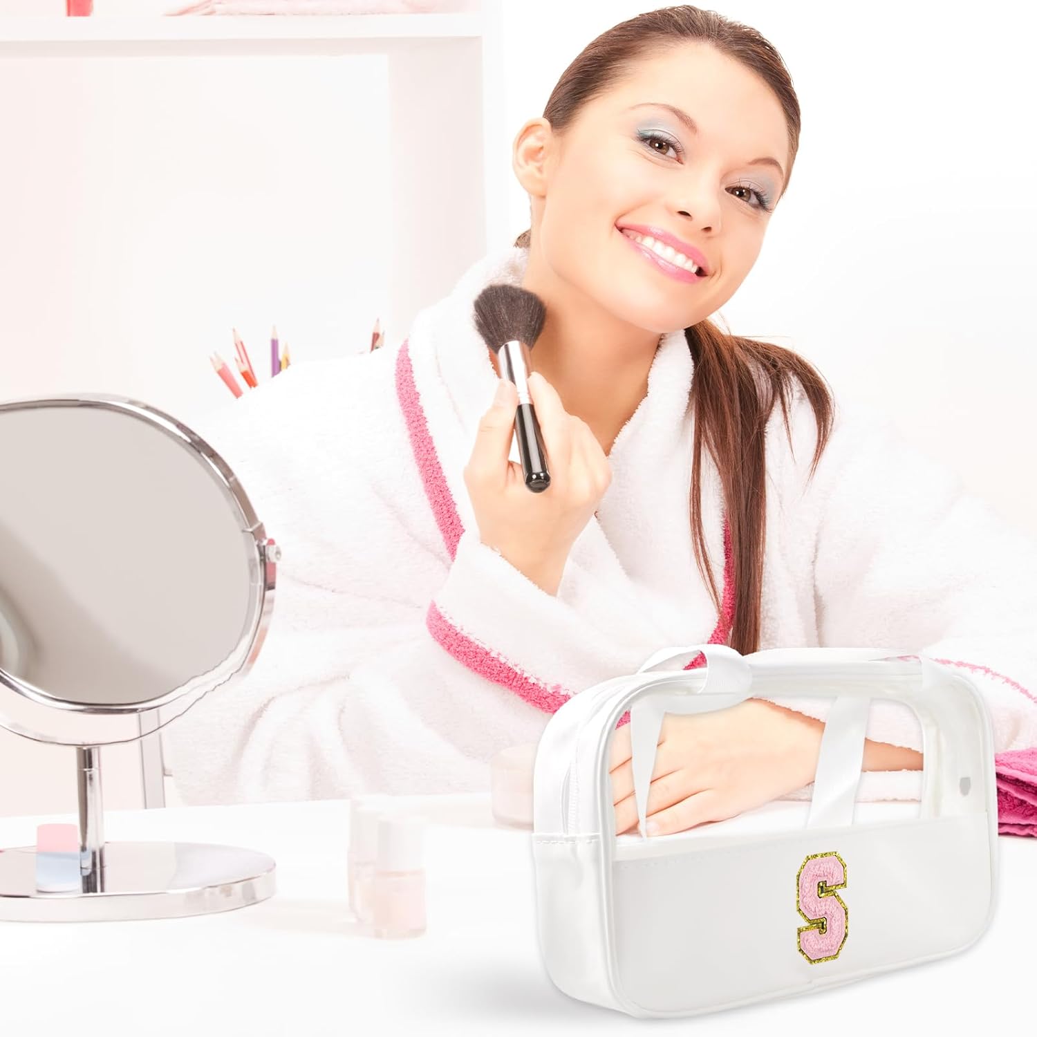 Detalle de Bliceon Makeup Bag, Clear Travel Toiletries Bag in White with Pink Letter B – Personalised Gift