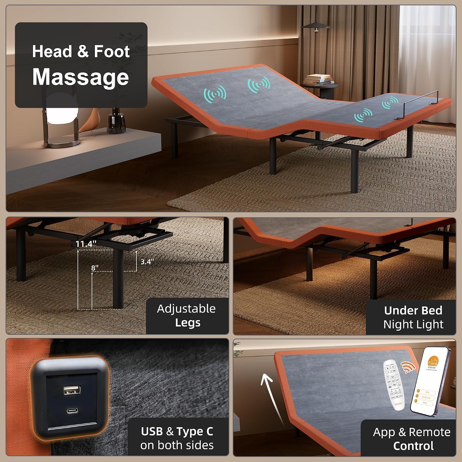 Detalle de ESHINE EE-3000PT Twin XL Adjustable Bed Frame with Massage and Wireless Remote