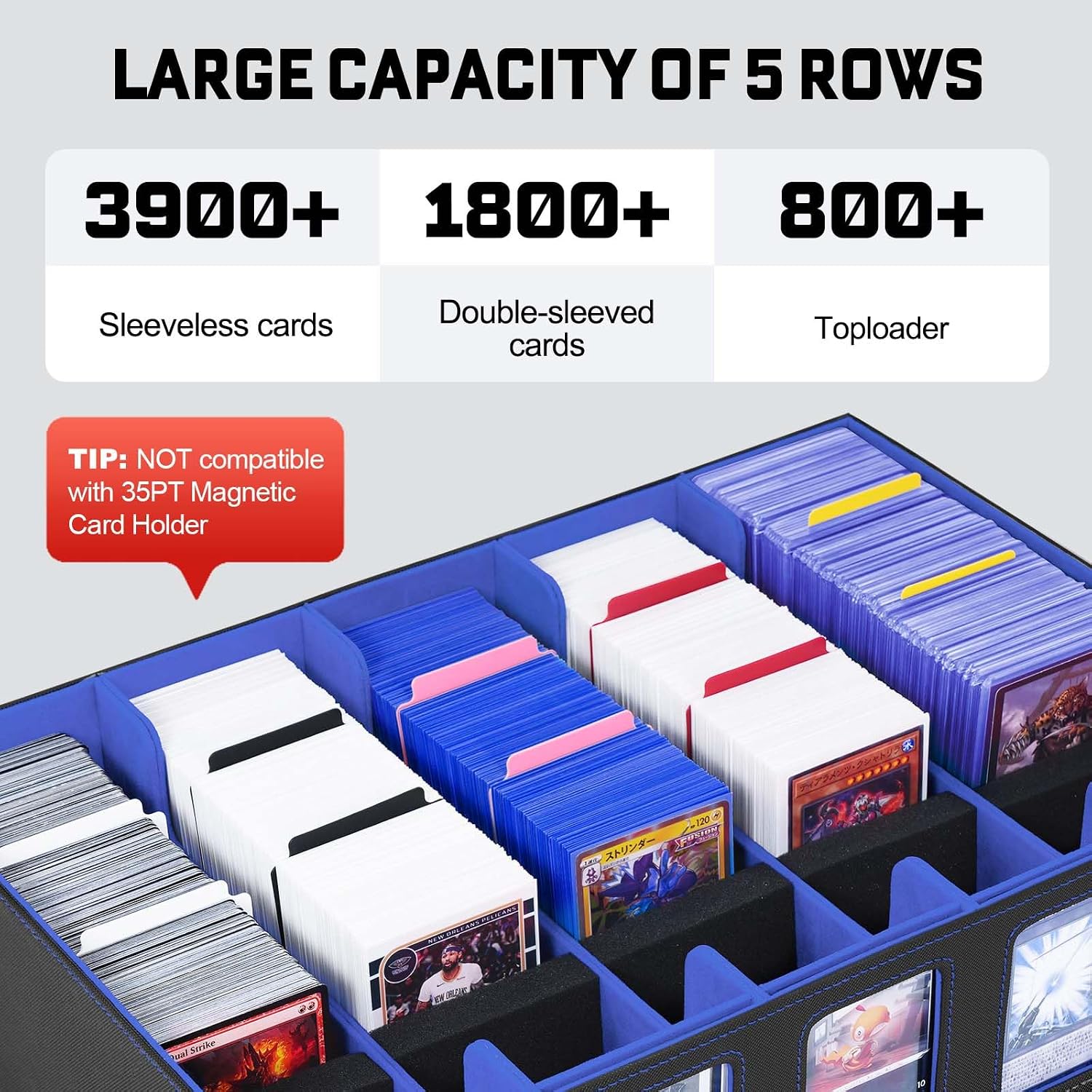Detalle de ZLCA C3010T-BK/BU 5-Row Trading Card Storage Box with Handle, Black/Blue