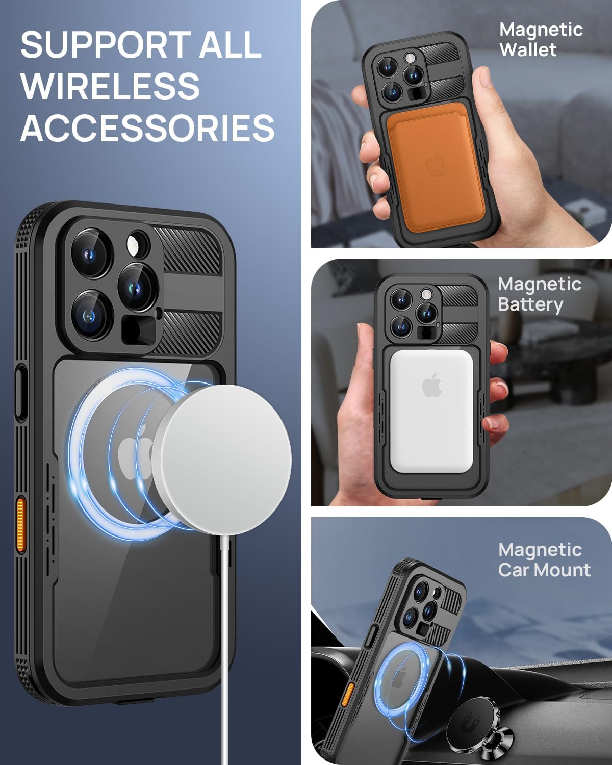 Thumbnail 3 de Lanhiem Magnetic Waterproof Case for iPhone 16 Pro, Anti-Spy Black, IP68