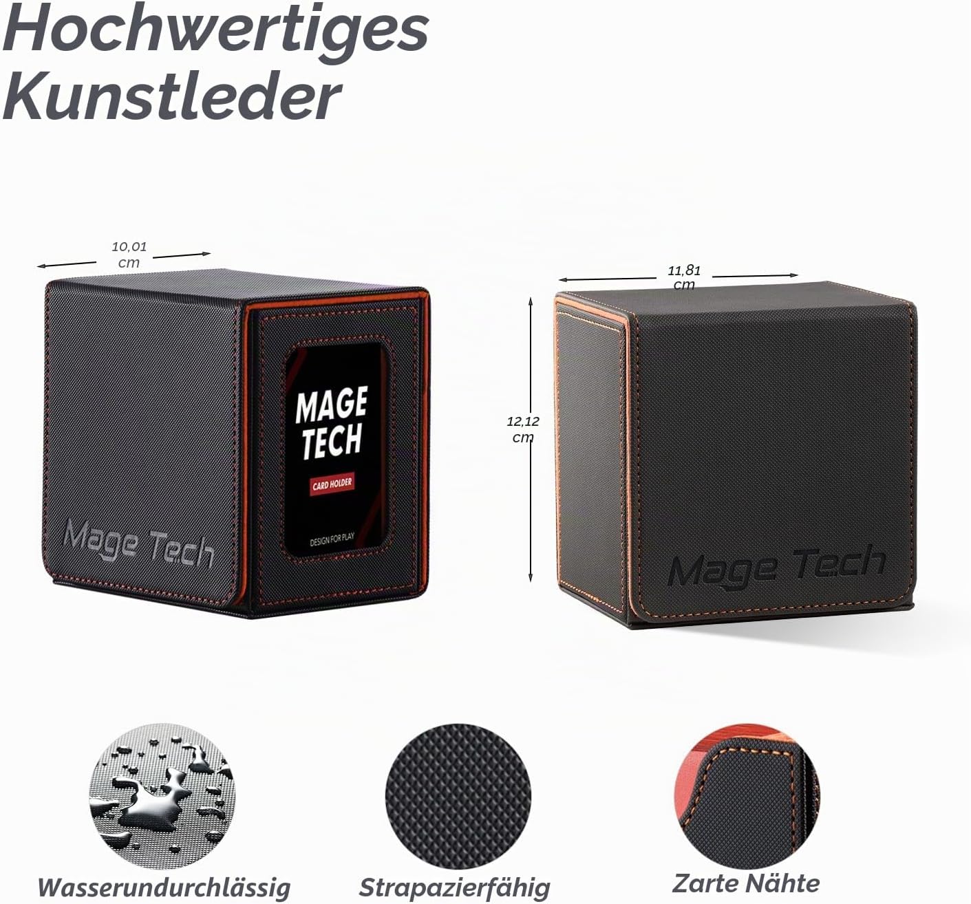 Detalle de Mage Tech Commander Deckbox für MTG – Patentiertes Display-Design, 100 Kartenkapazität, 35pt Magnethalter und Würfelschale (Grau/Orange)
