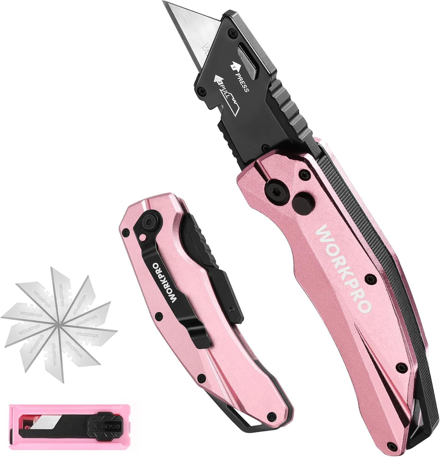 WORKPRO Cutter Professionnel Pliant rose avec mécanisme de changement rapide et 10 lames SK5