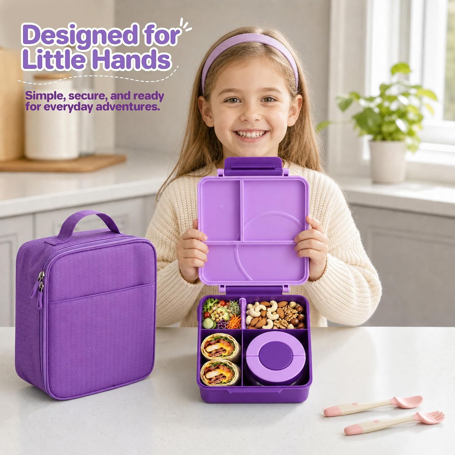 Thumbnail 5 de Kids Bento Lunch Box Set with 8oz Soup Thermo (Leak-Proof) + 4-Compartment Containers, Insulated Lunch Bag - Purple
