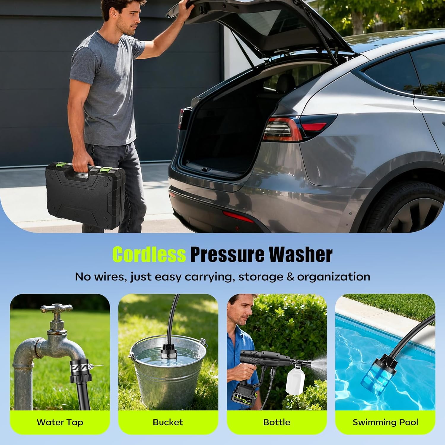 Detalle de YKYI Cordless Pressure Washer with Toolbox: 1200 PSI, 21V Battery – Portable Cleaning Power