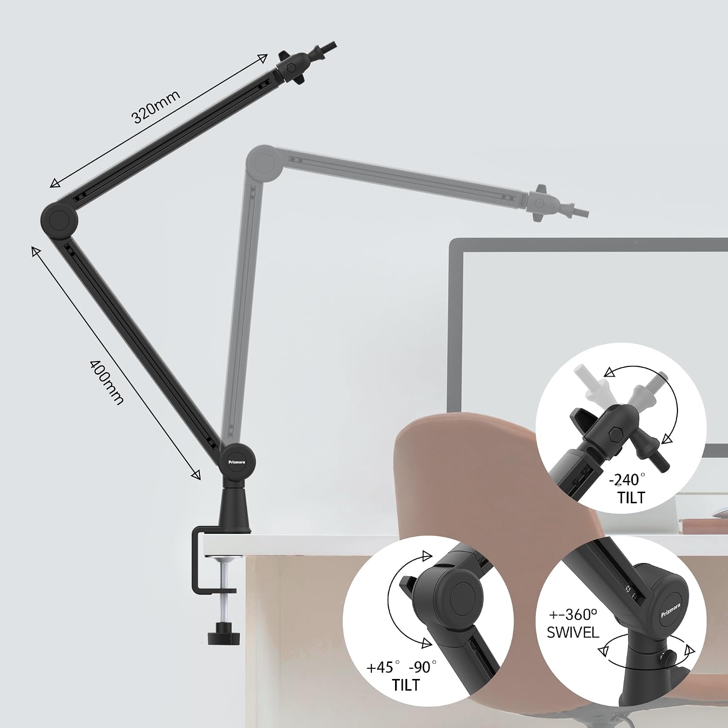 Detalle 1 de Prizmora AS26 Microphone Boom Arm with 360° Rotation and Cable Management