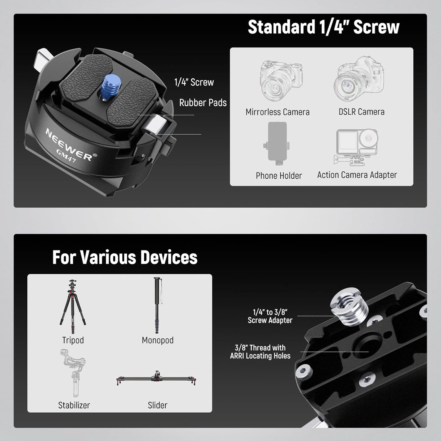 Thumbnail 5 de Neewer GM47 Kit piastra QR a sgancio rapido con base a morsetto tipo Arca e compatibilità Peak Design Capture V3