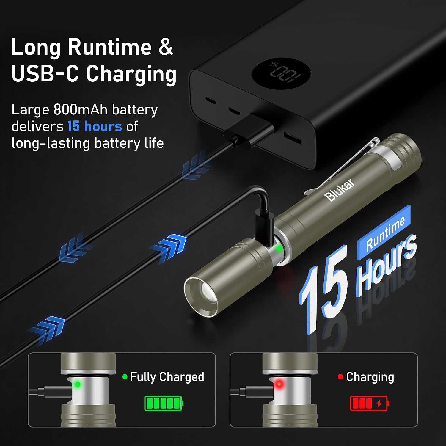 Detalle 2 de Blukar K9171 Mini Pen Torch, Rechargeable LED, 4 Modes and Zoomable Focus