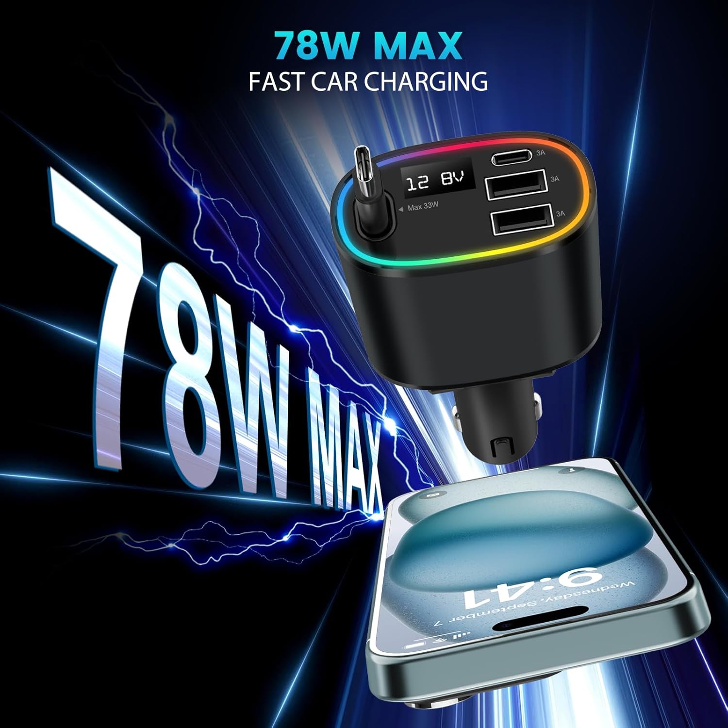 Detalle de Retractable 78W Car Charger (4-in-1) with PD 3.0, Retractable Type‑C Cable and RGB Light