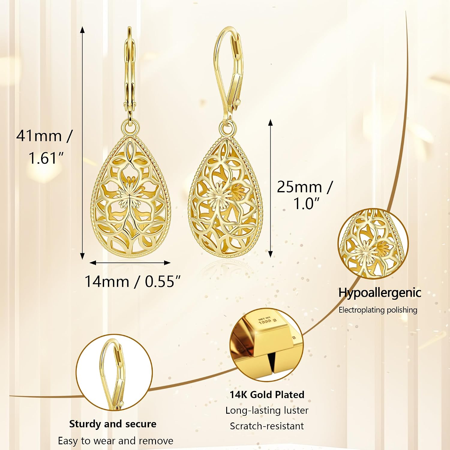 Detalle de Filigree Teardrop Earrings, 14K Gold-Plated Brass