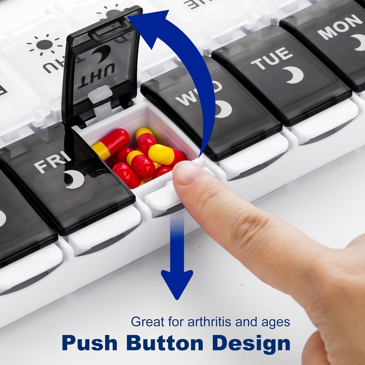 Thumbnail 2 de Yaklim Large Weekly Pill Organiser 2 Times A Day with Bottom Quick Fill Design (AM/PM) – BPA Free, 7 Day Travel Case